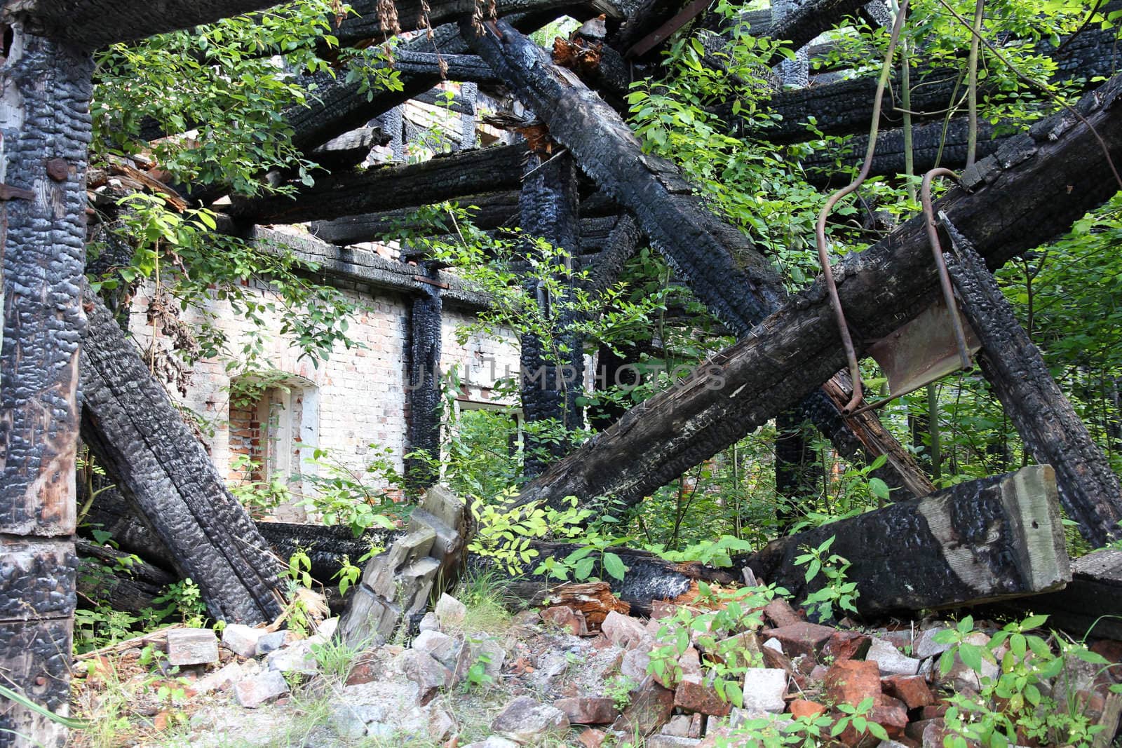 Fire damage - charred rubble. Part of Boyen fortress in Gizycko, Poland.