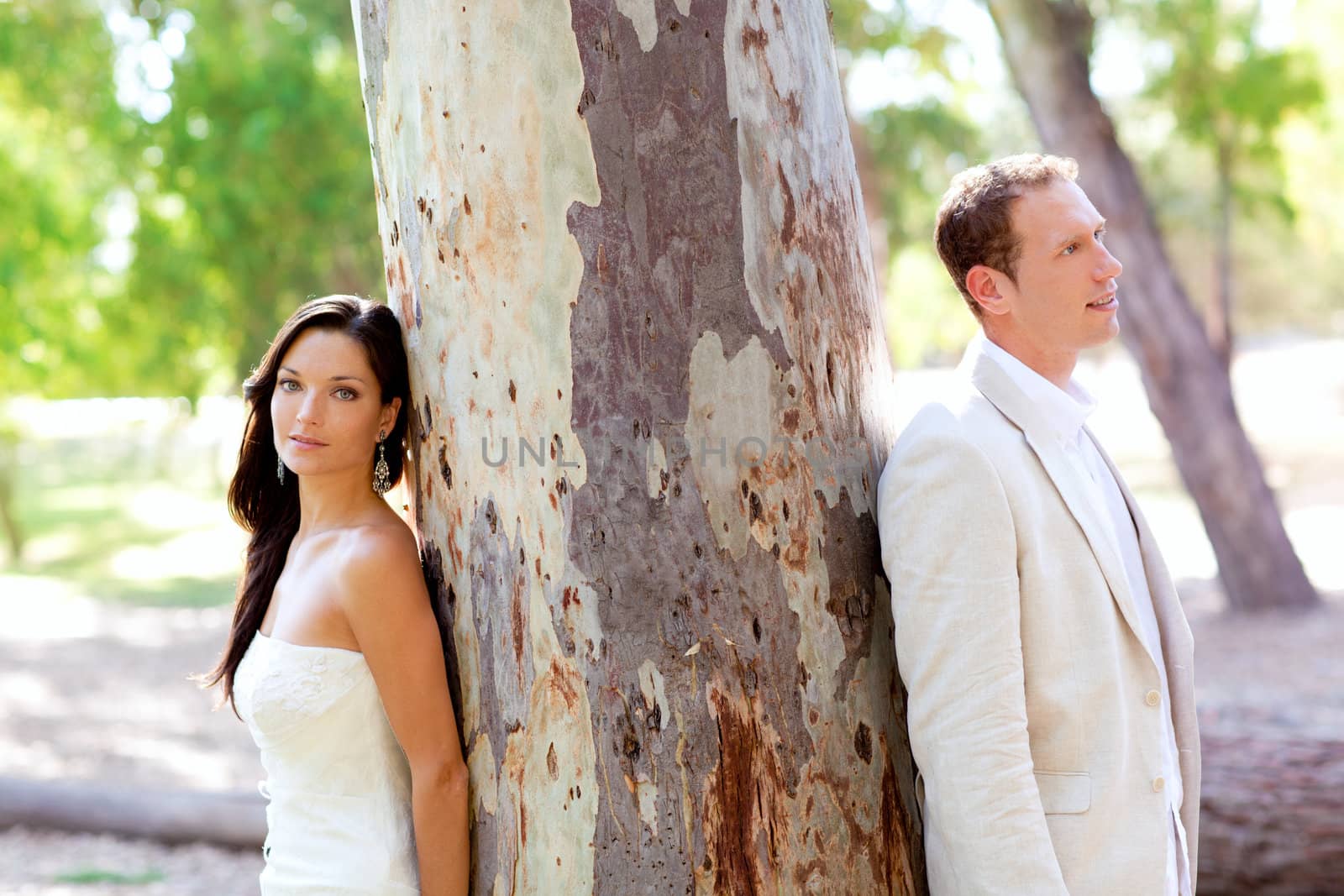 Couple happy in love at park green outdoor tree