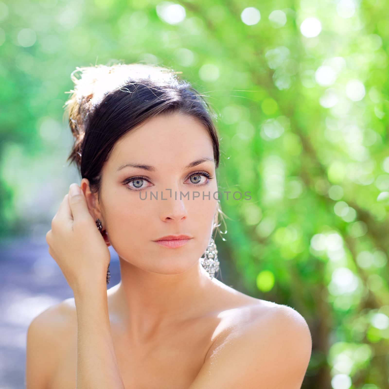 beautiful blue eyes woman outdoor green park portrait