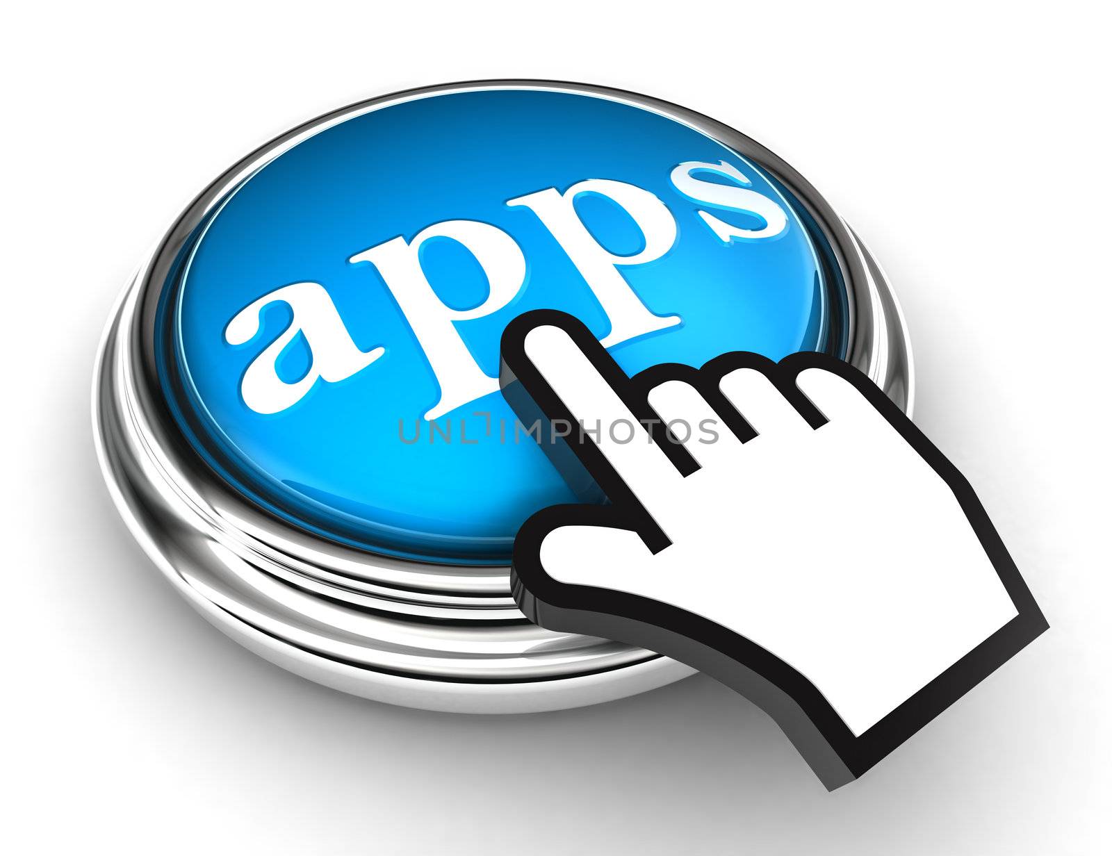 apps blue button and cursor hand on white background. clipping paths included
