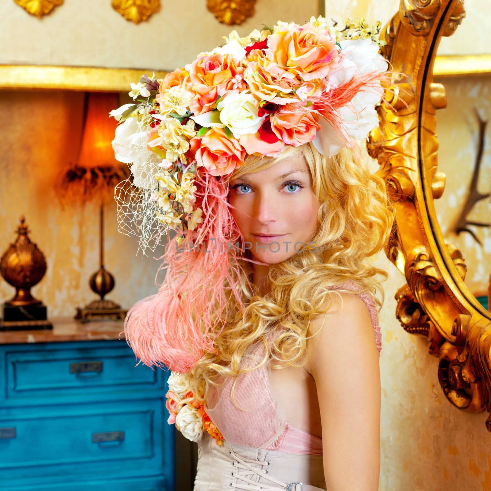blond fashion woman with spring flowers hat by lunamarina