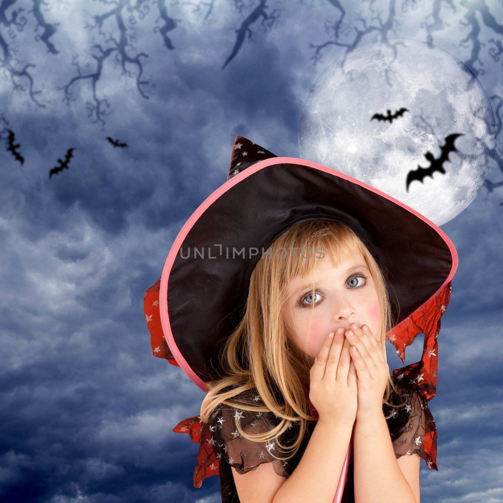 Halloween scared kid girl on dark sky and moon with bat