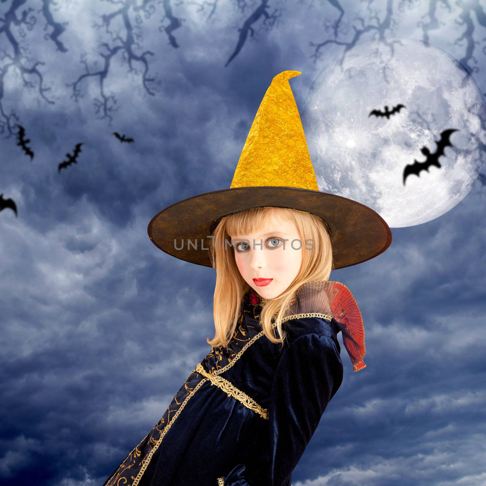 beautiful blond halloween kid girl in moon sky by lunamarina