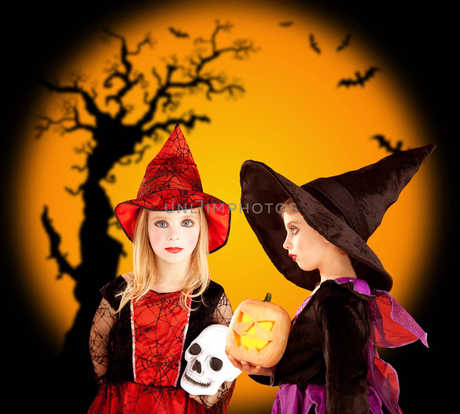 Halloween two children girls with tree and bats on orange background