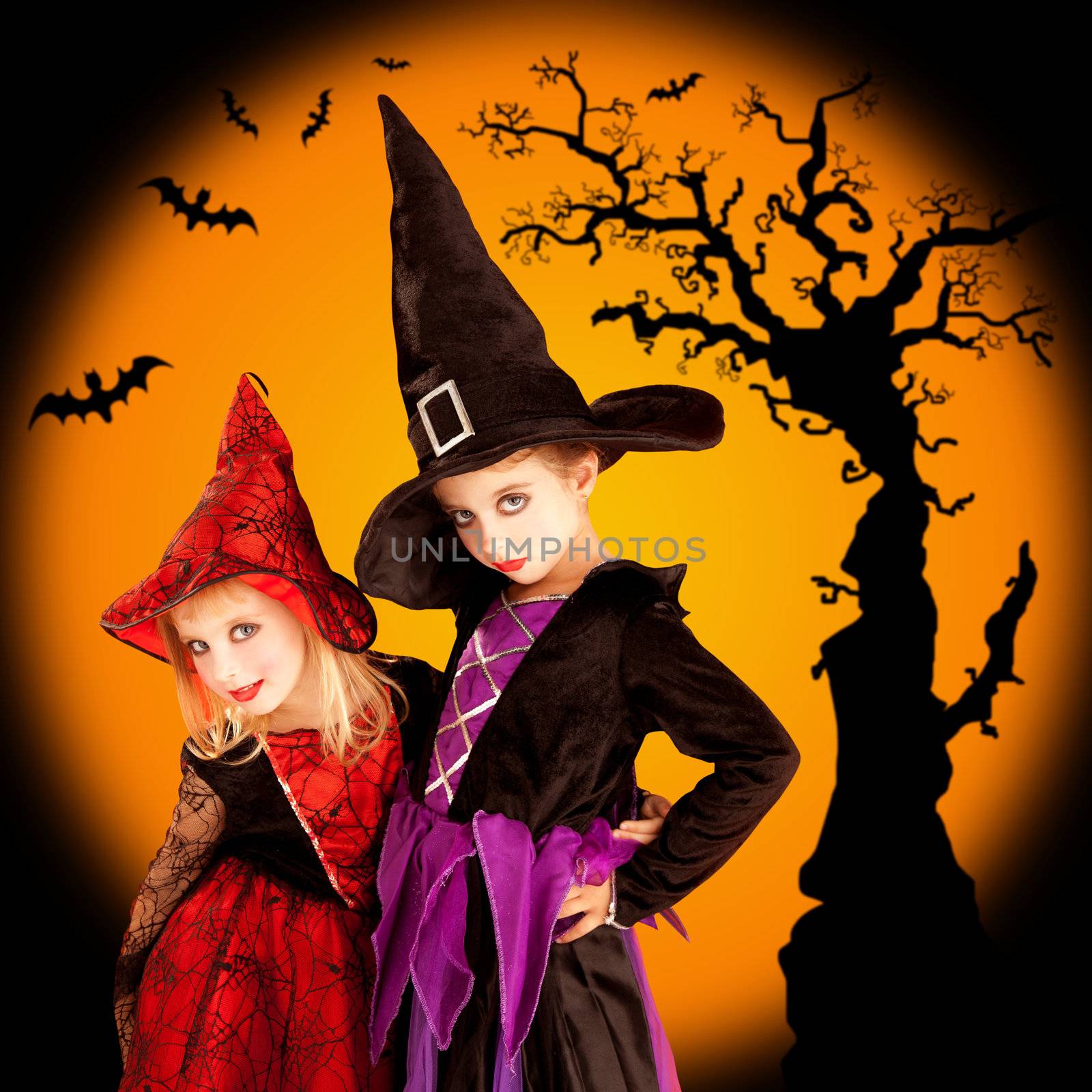 Halloween children girls with tree and bats by lunamarina