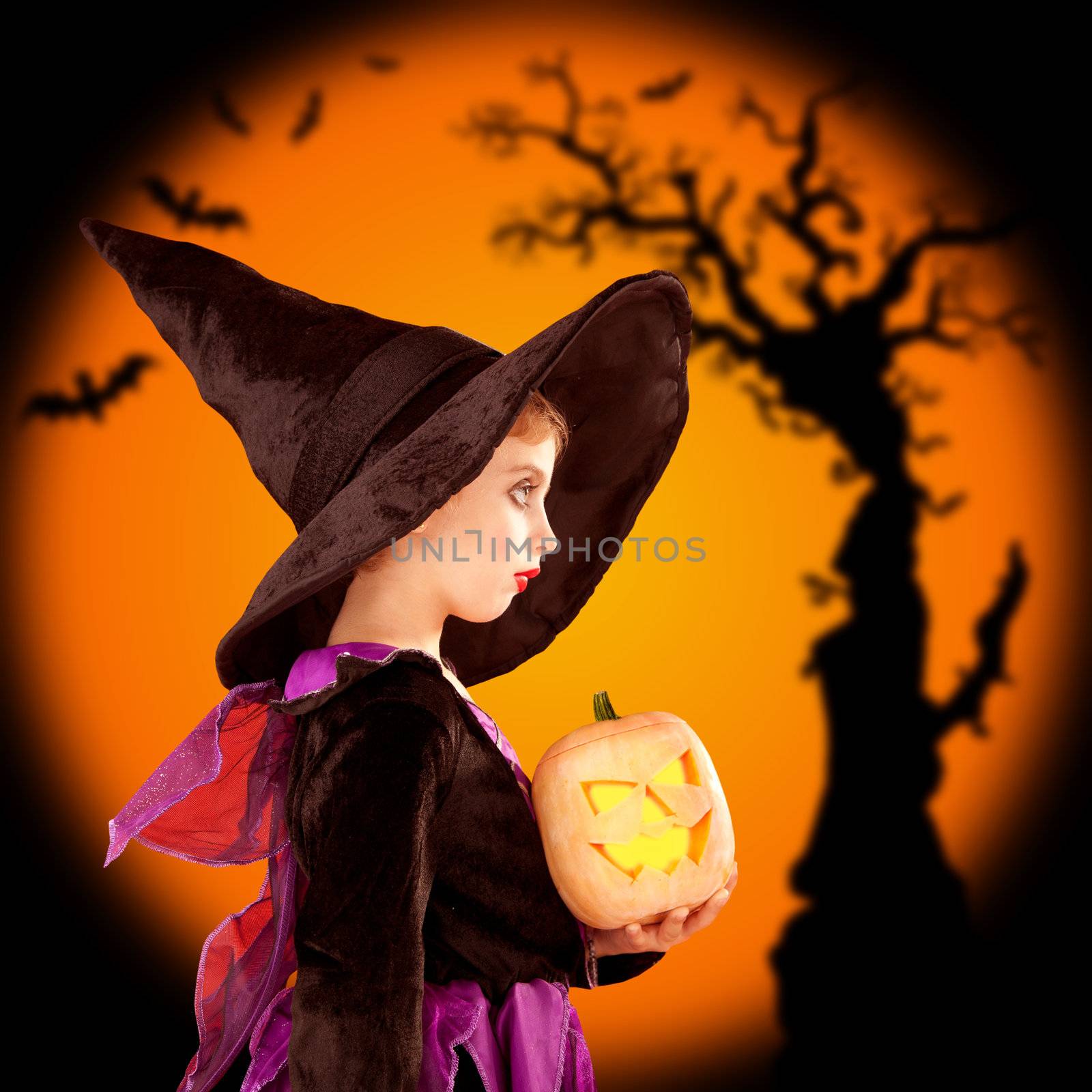 Halloween children girl holding pumpkin Jack o Lantern
