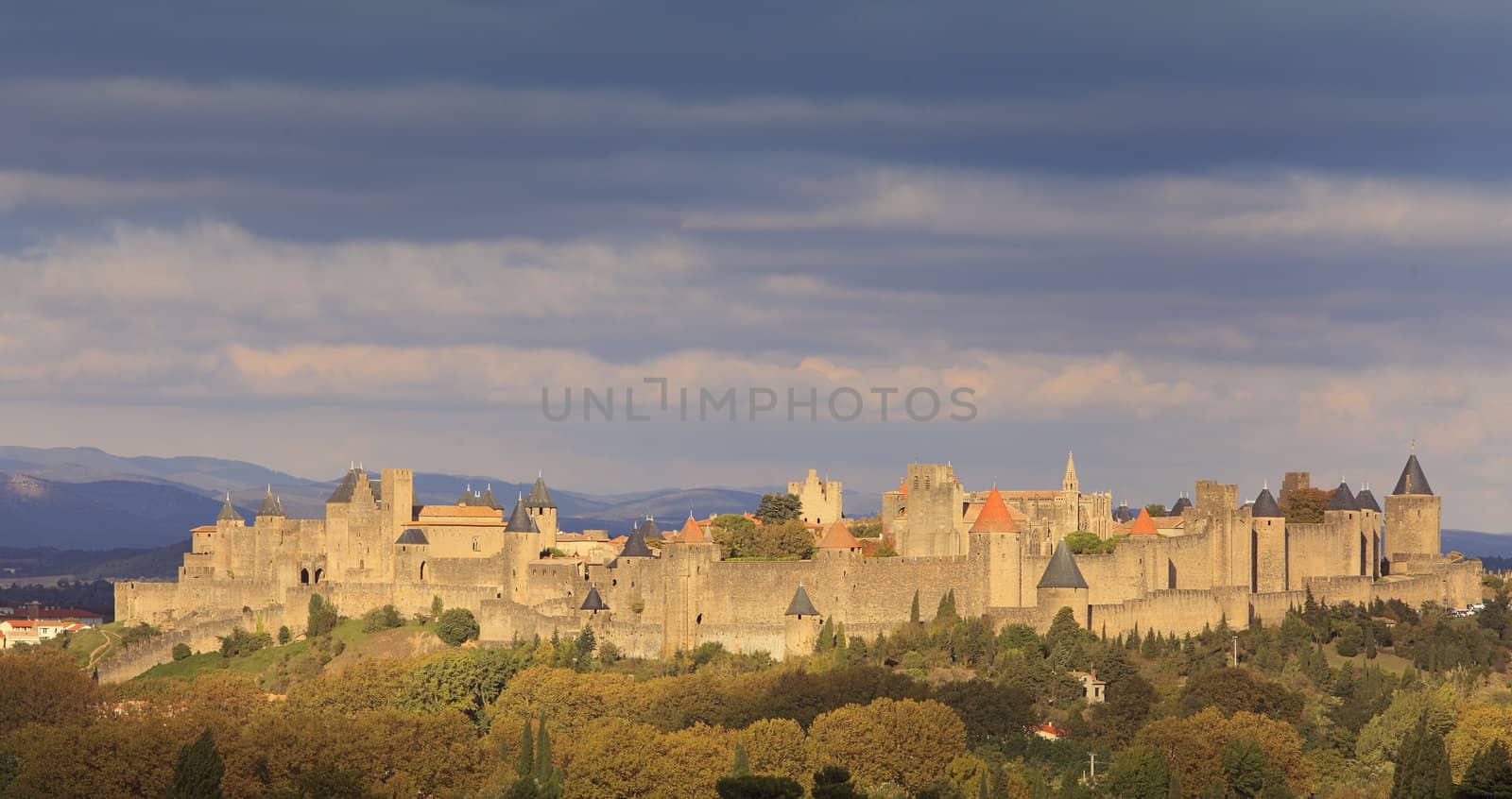 Dusk image of the famous fortified town of Carcassonne, France.