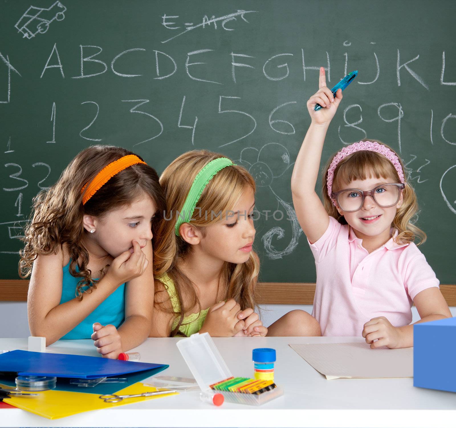 boring student with clever children girl raising hand by lunamarina