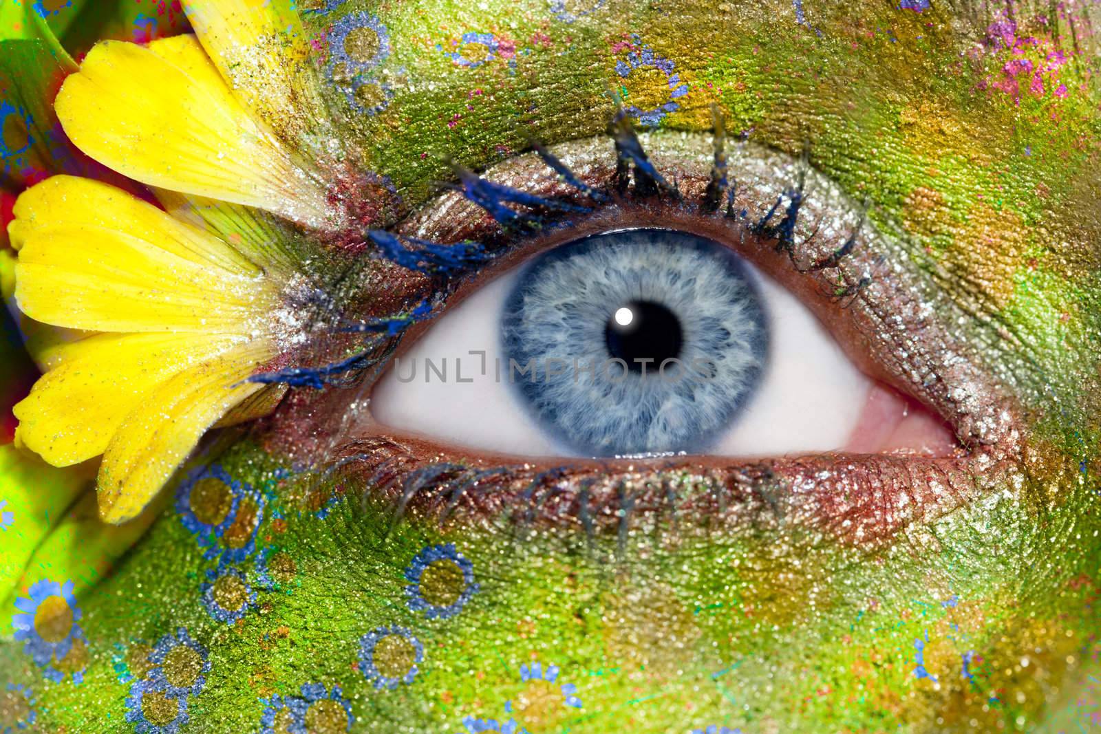 blue woman eye makeup spring flowers metaphor colorful fantasy meadow