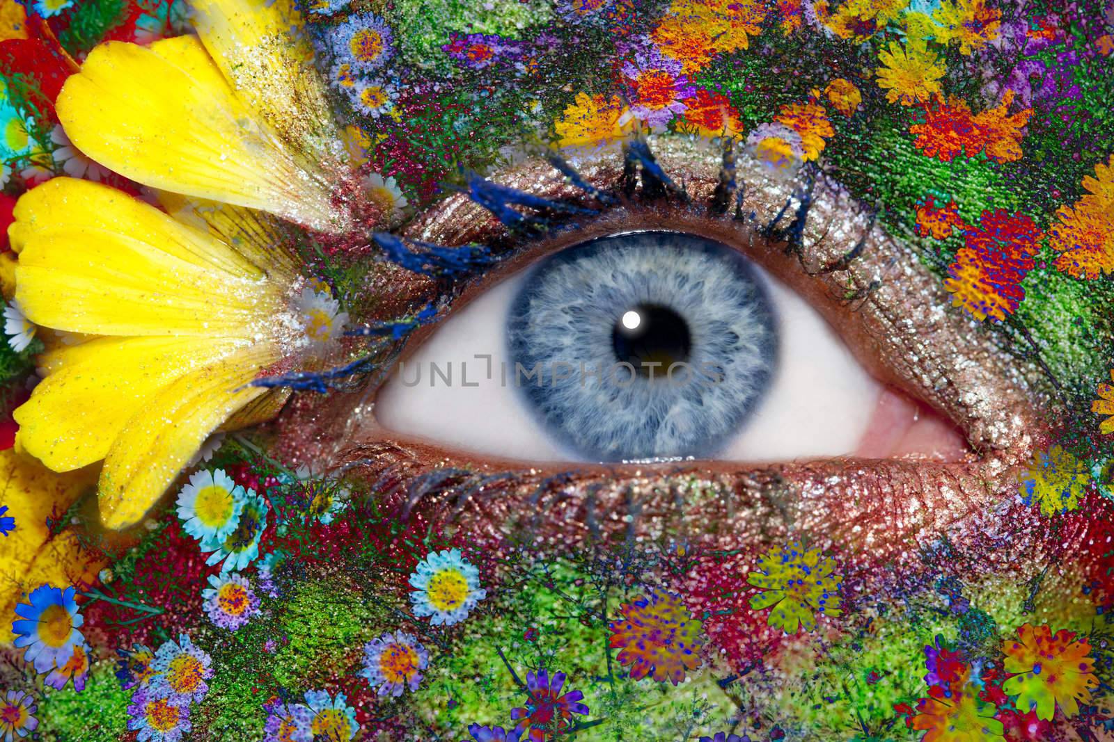 blue woman eye makeup spring flowers metaphor by lunamarina