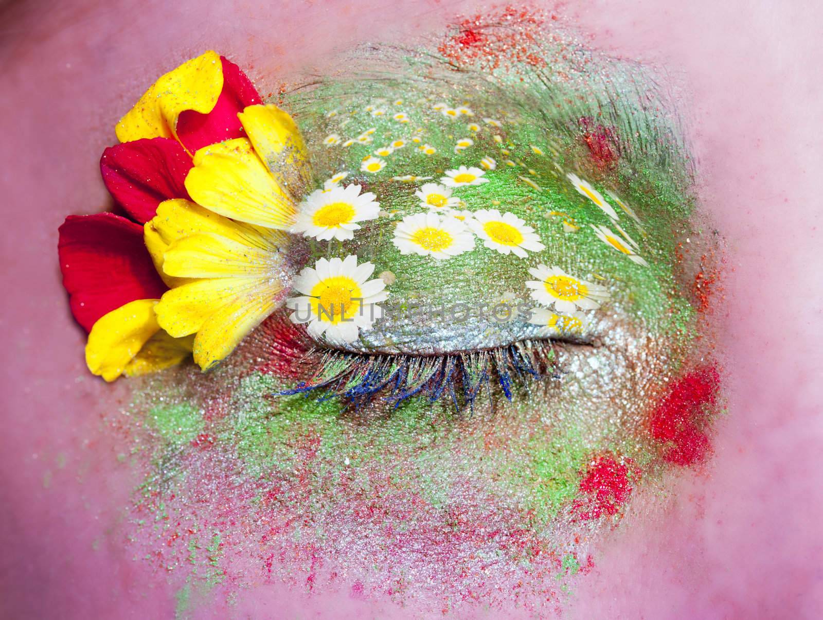 closed woman eye makeup spring flowers metaphor colorful fantasy meadow