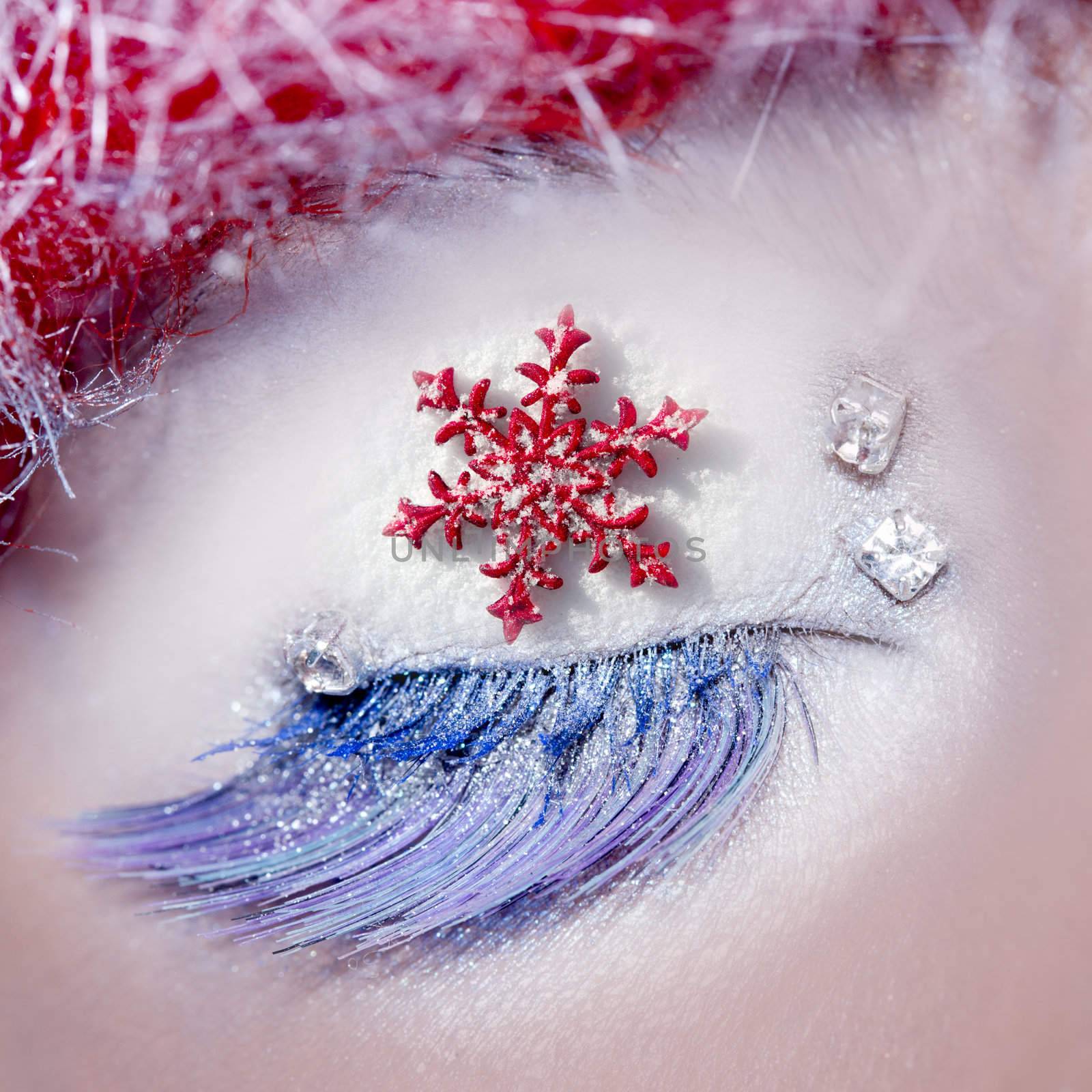 christmas star concept eye makeup winter red silver macro closeup