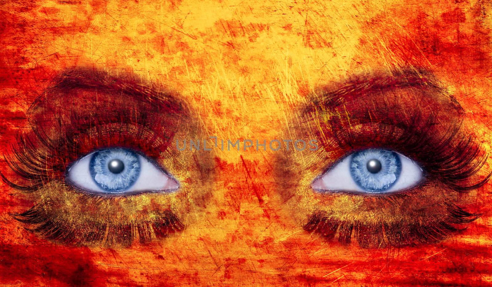 abstract blue eyes makeup woman texture red yellow by lunamarina