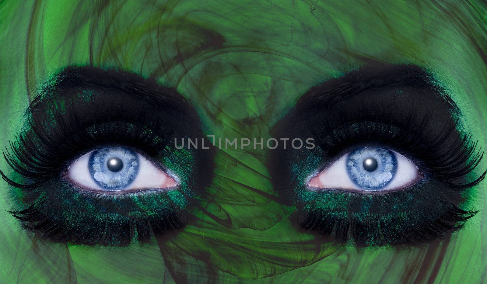 abstract blue woman eyes makeup with a green texture skin