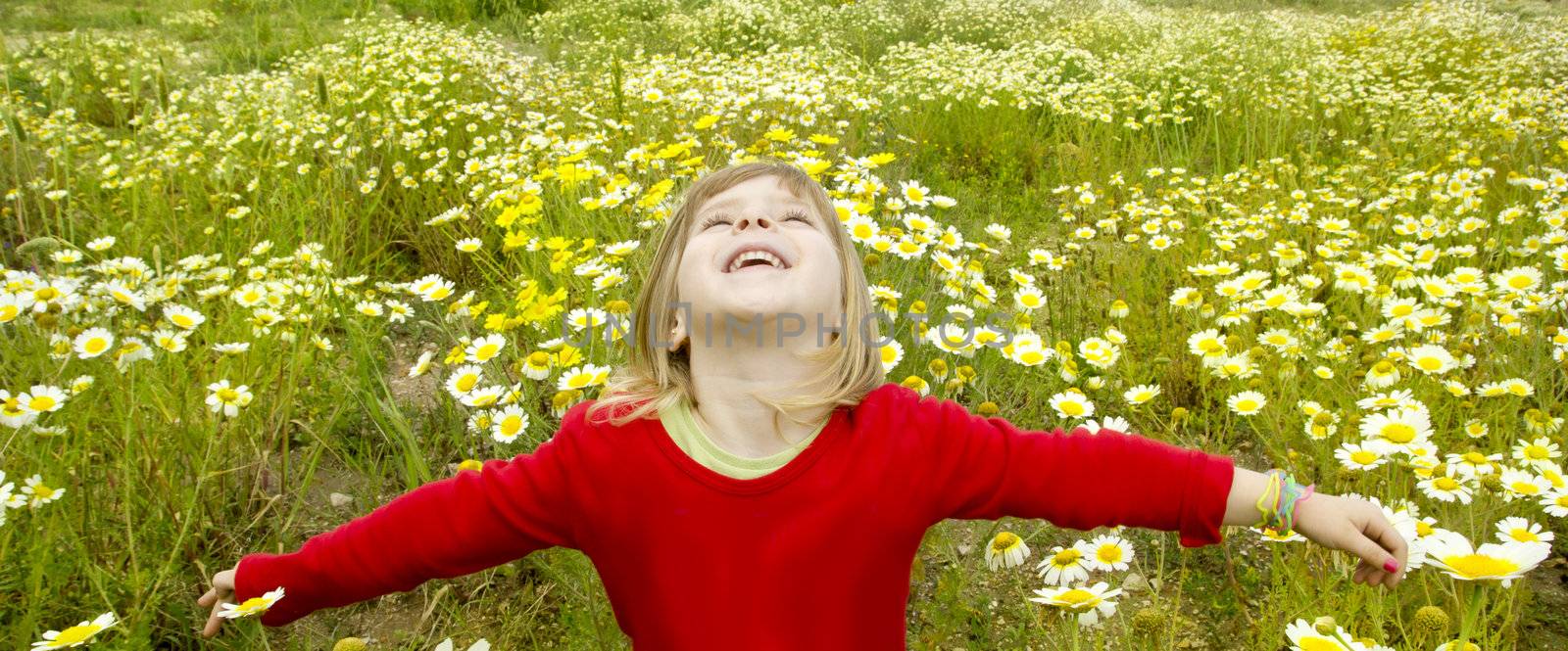 blond children girl open arms spring meadow daisy yellow flowers