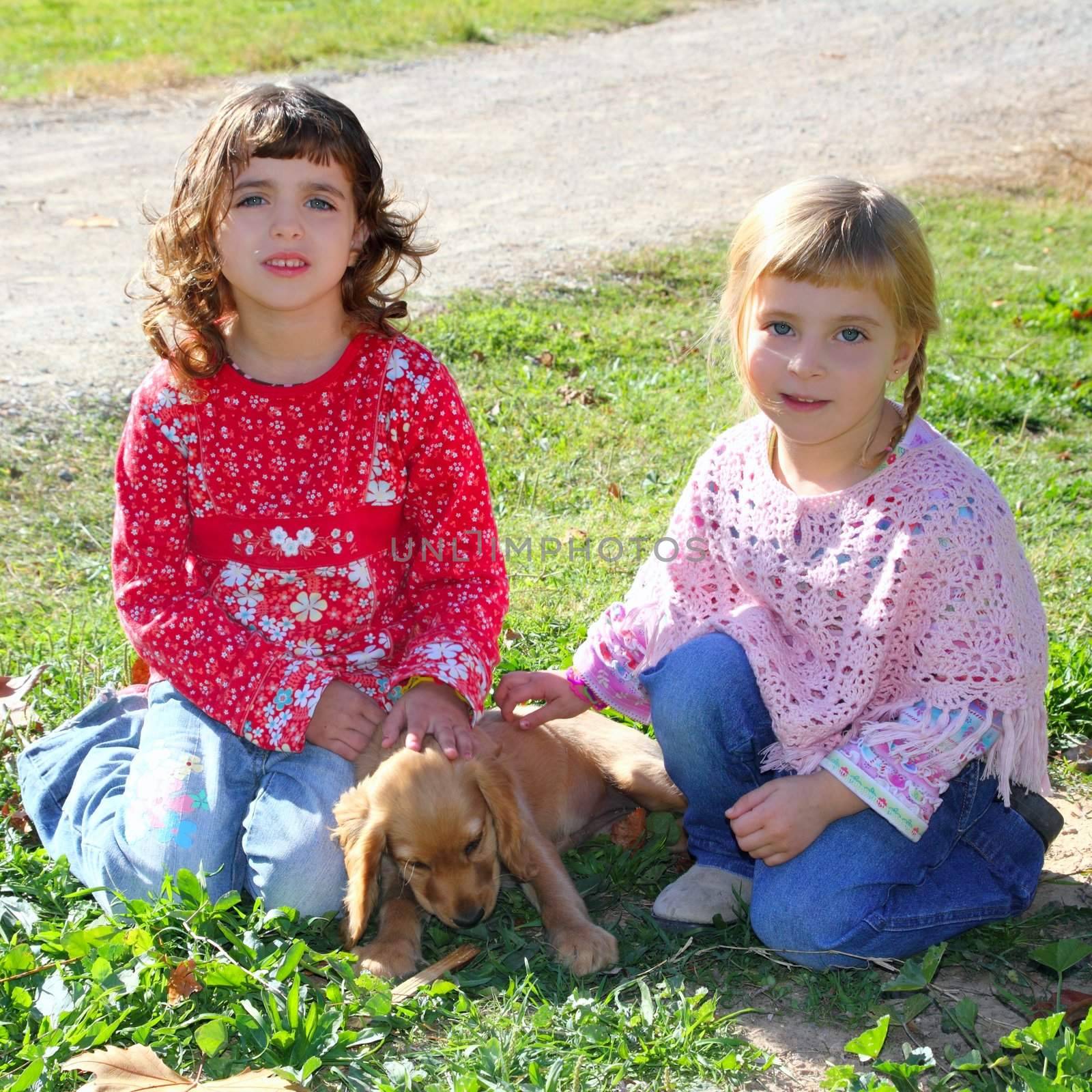 two little girls sister friends golden retriever puppy dog by lunamarina