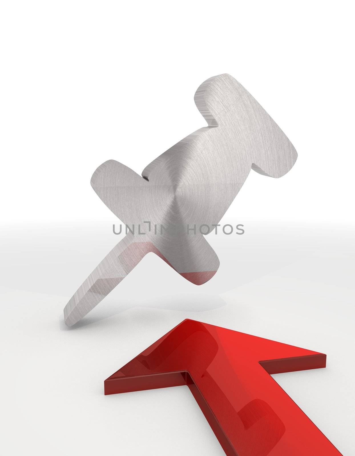 3D graphic isolated metallic pin icon with red arrow in a white background