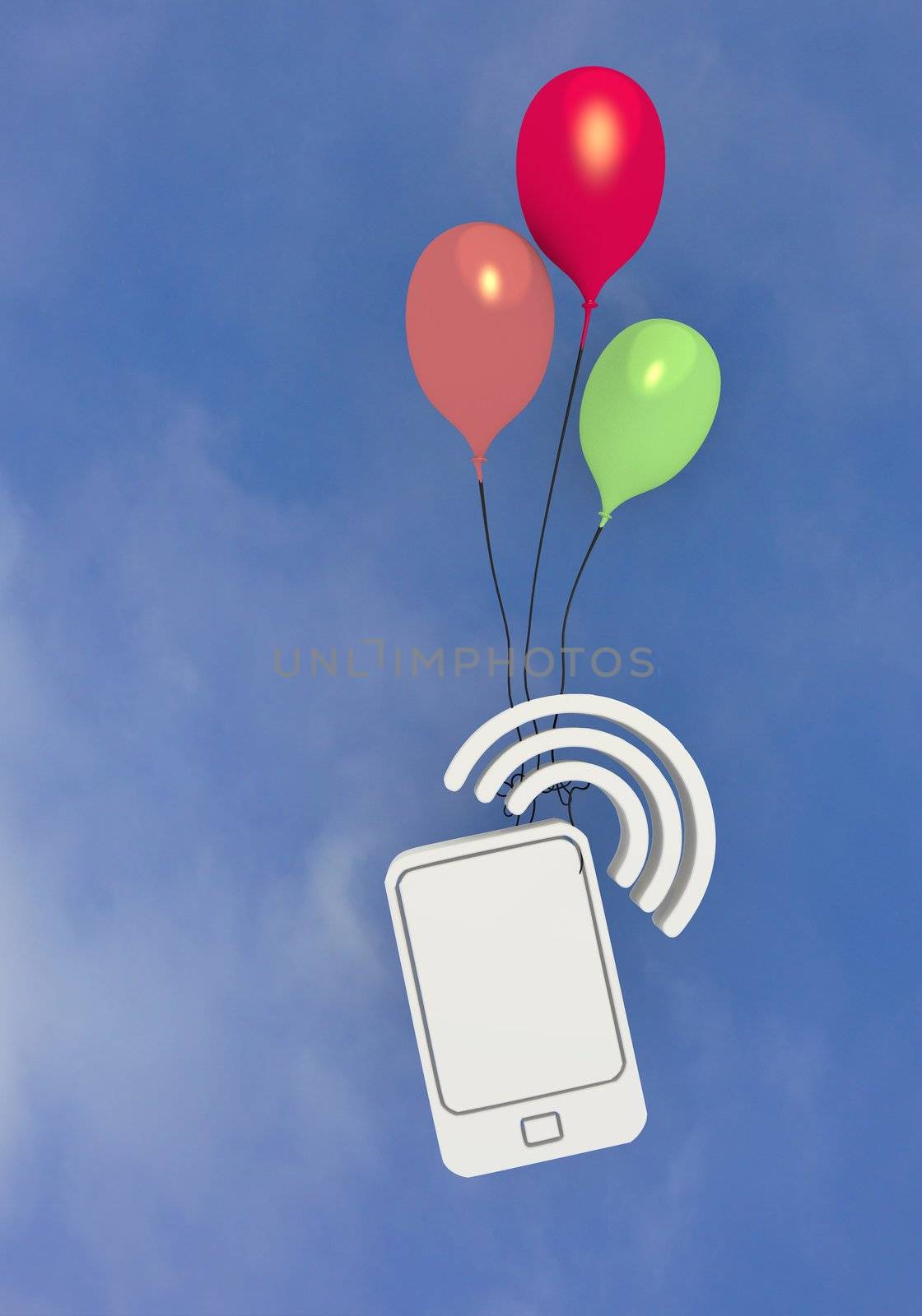 Three colourful ballons with smartphone flying in the sky by onirb