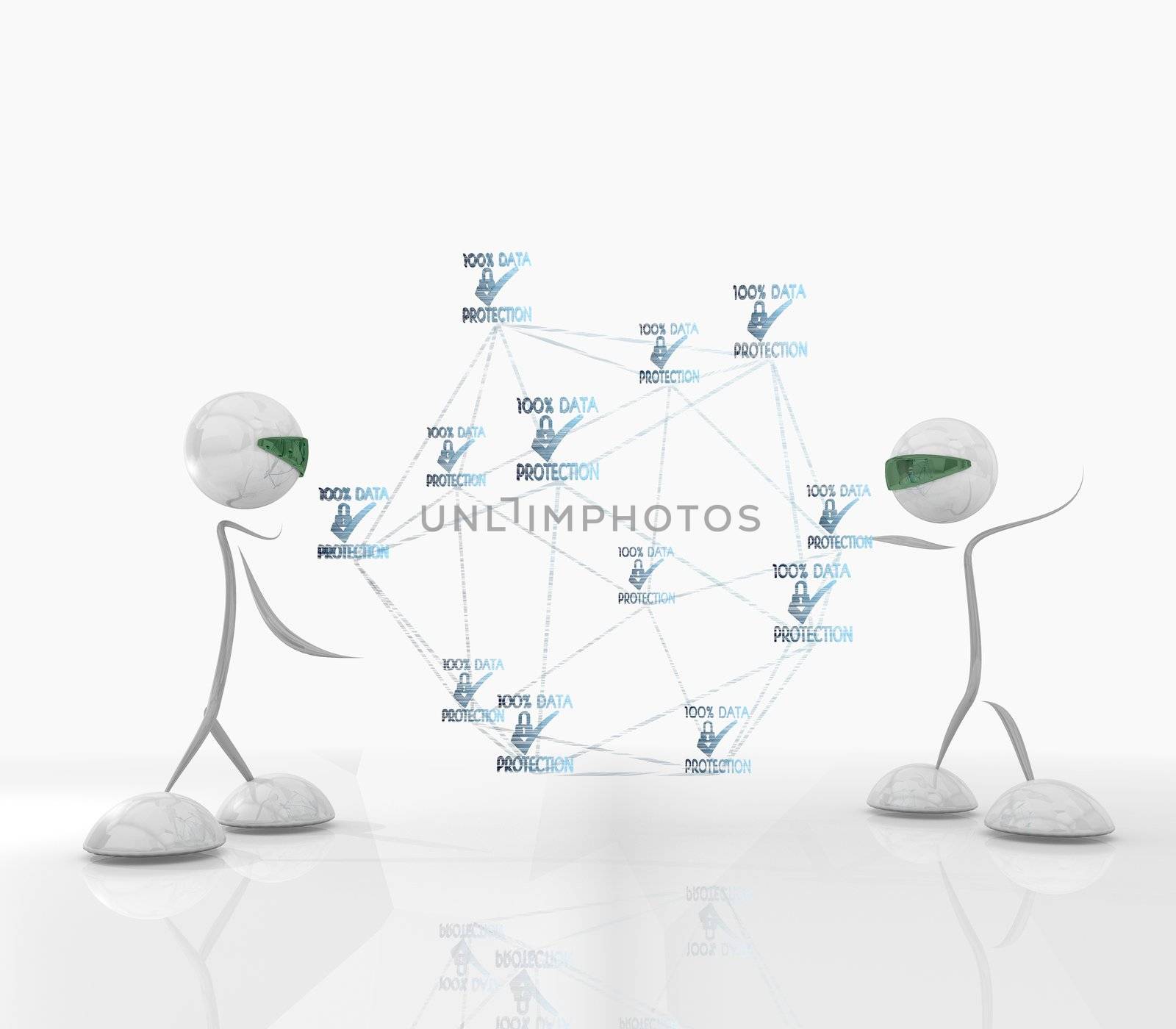 3D graphic cyber data protection network network with two modern robots 