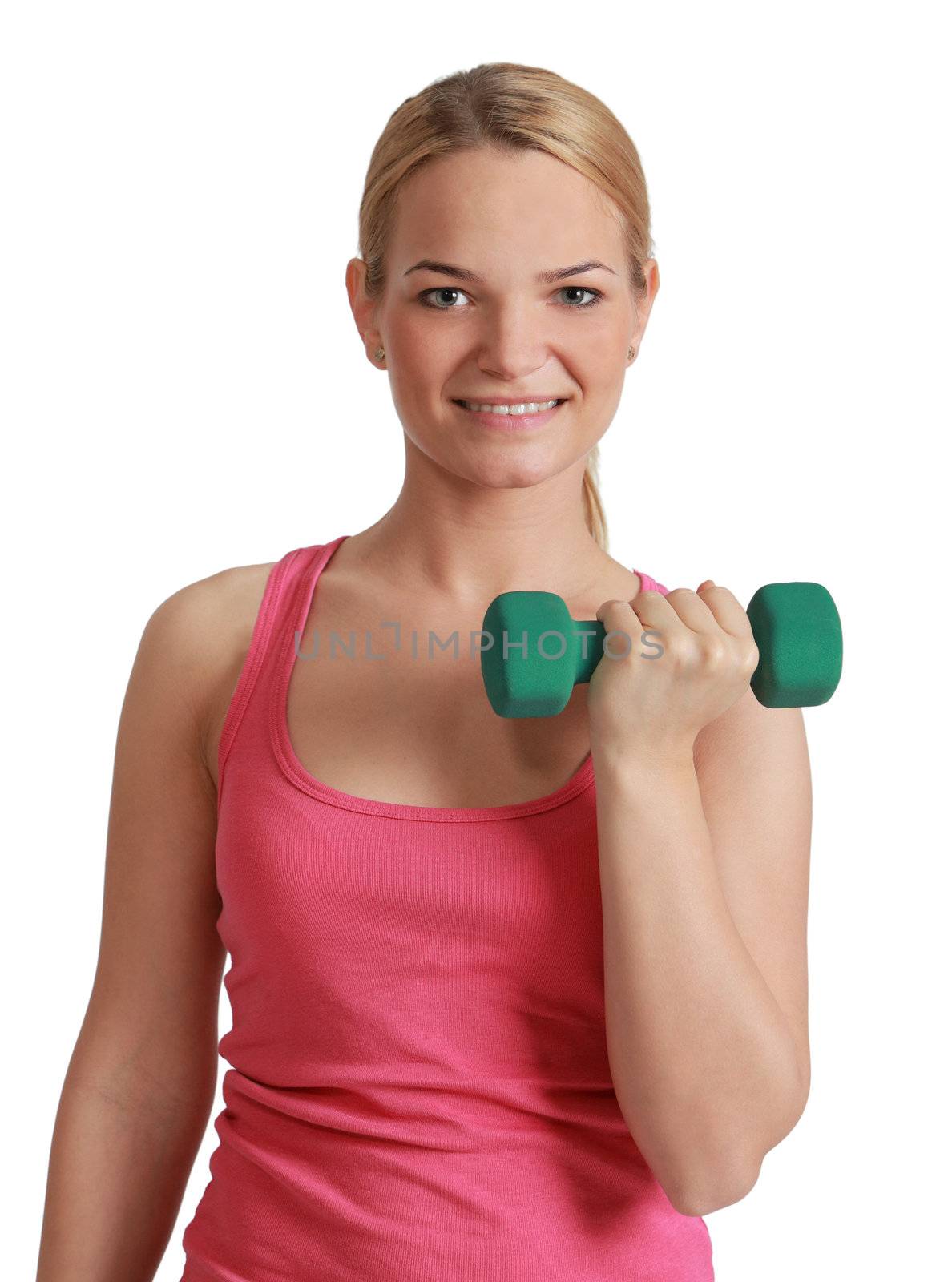 Portrait of a beautiful young blonde girl smiling and holding a green dumbbell isolated against a white background.