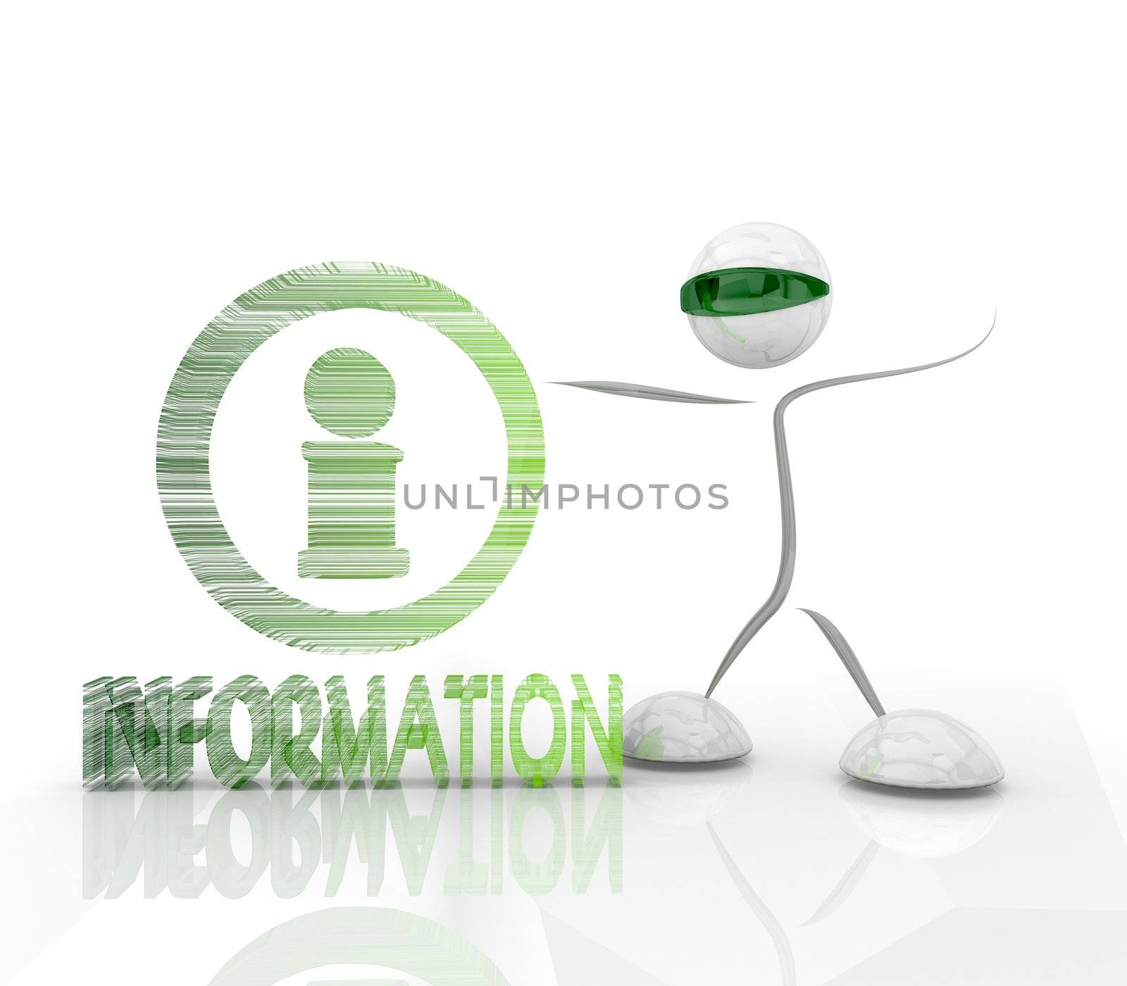 3D graphic futuristic information symbol with robot isolated on white background