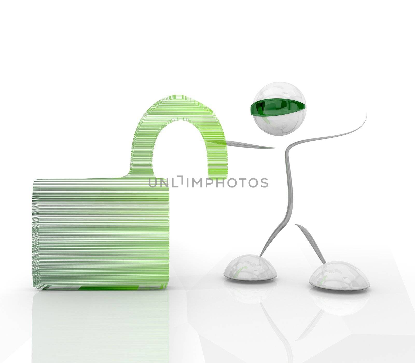 3D graphic Isolated Unlock icon with a futuristic character on a white   background