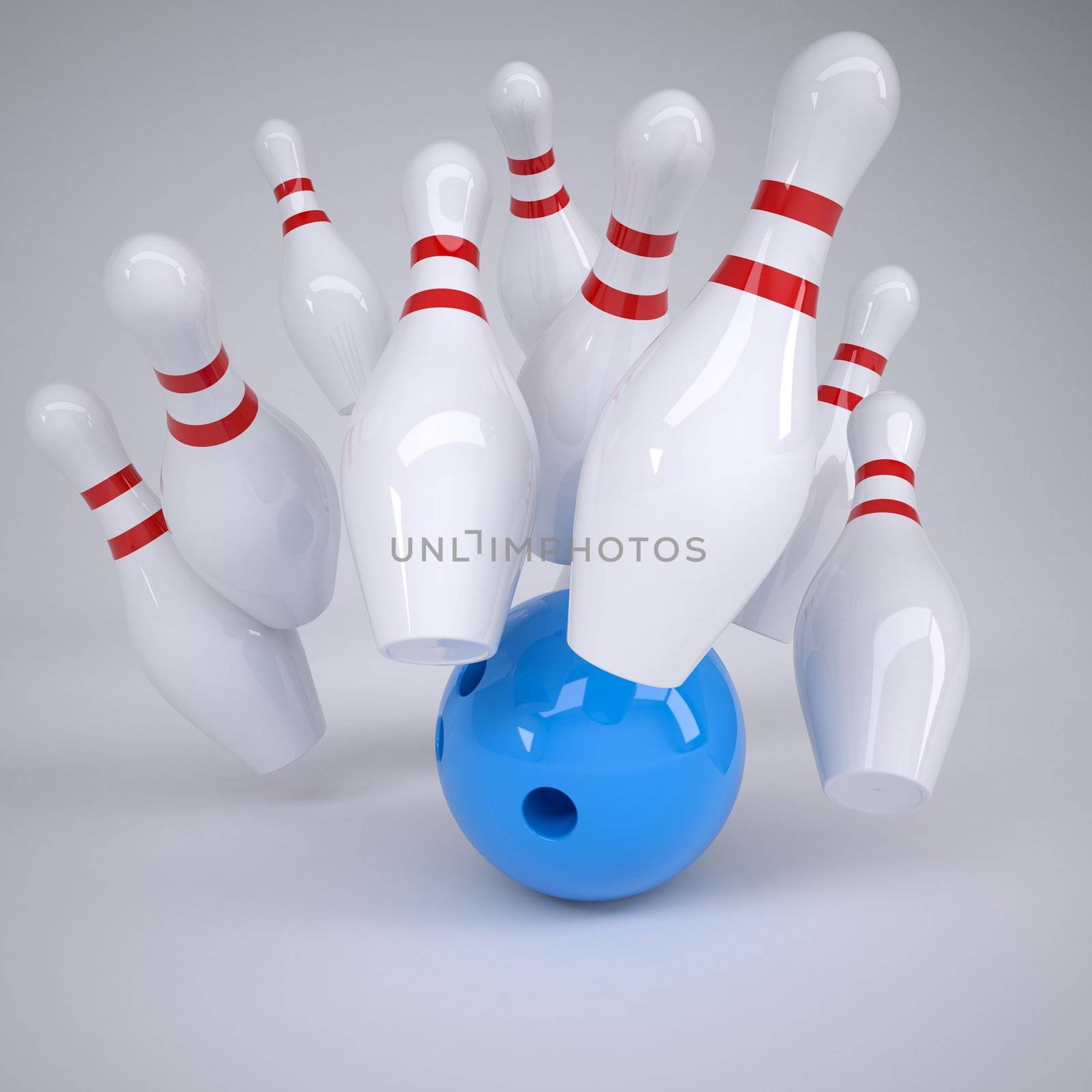 Blue ball knocks down pins for bowling. Render on a gray background