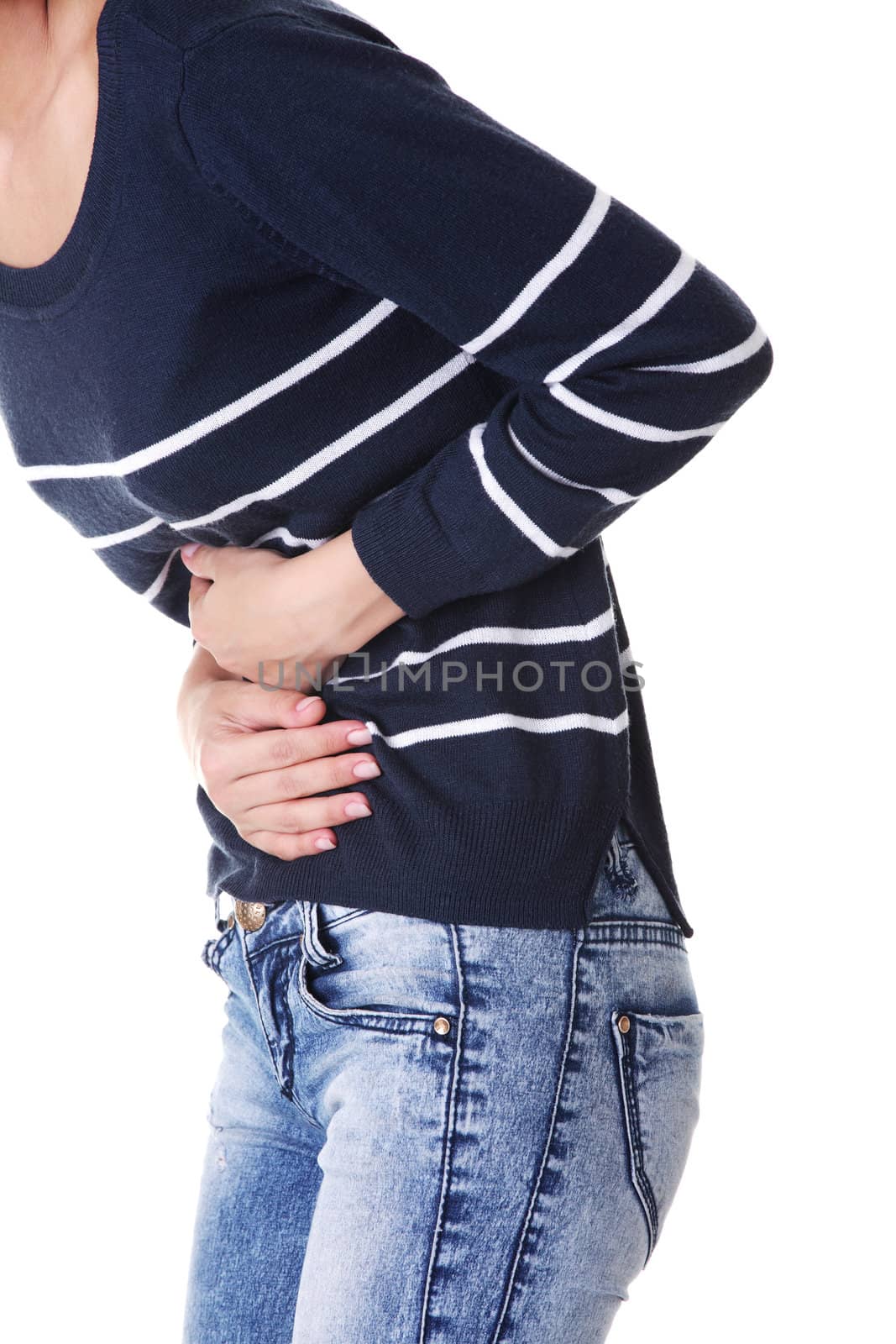 Woman heaving belly ache, isolated on white background