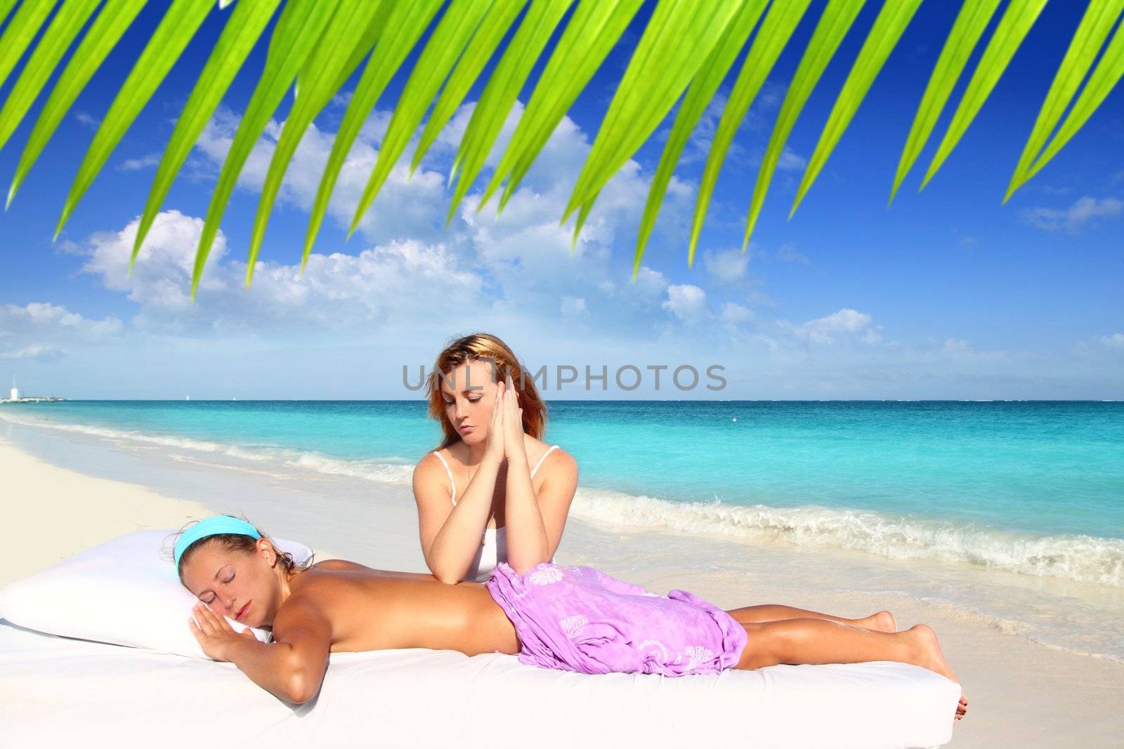 massage meditation shiatsu elbows pressure Caribbean beach woman