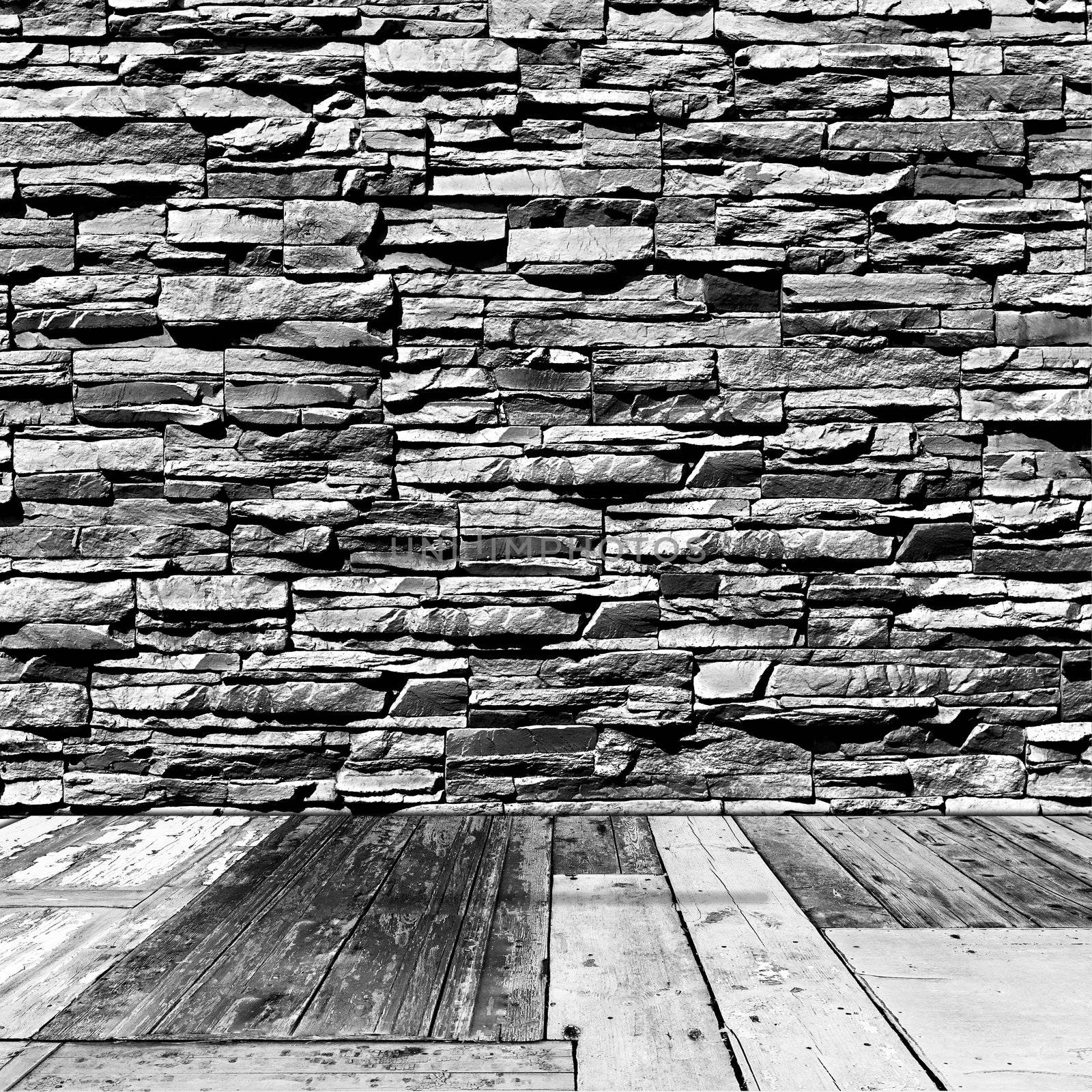 room with a stone wall and wooden floor in grunge style