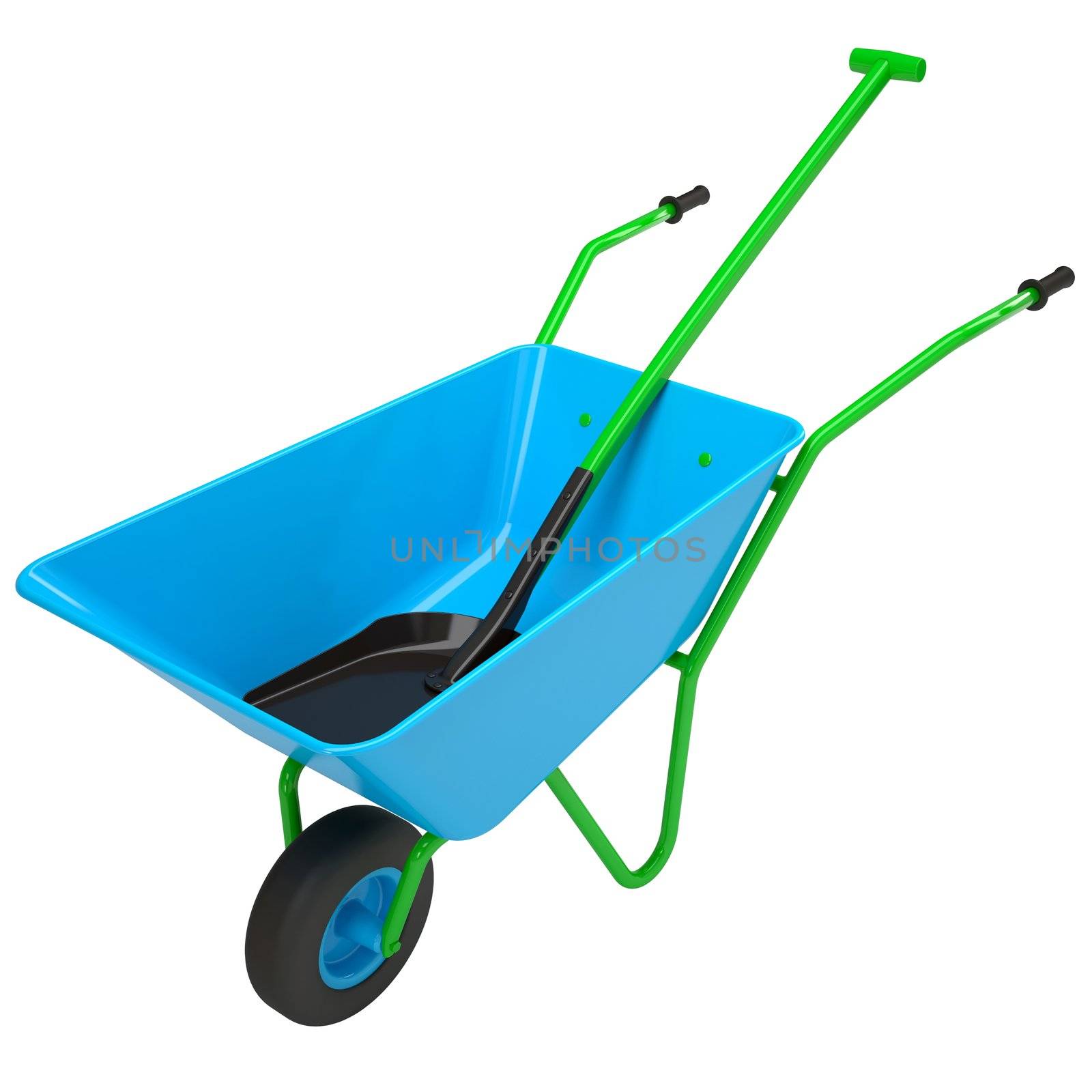 Wheelbarrows and shovel. Isolated render on a white background