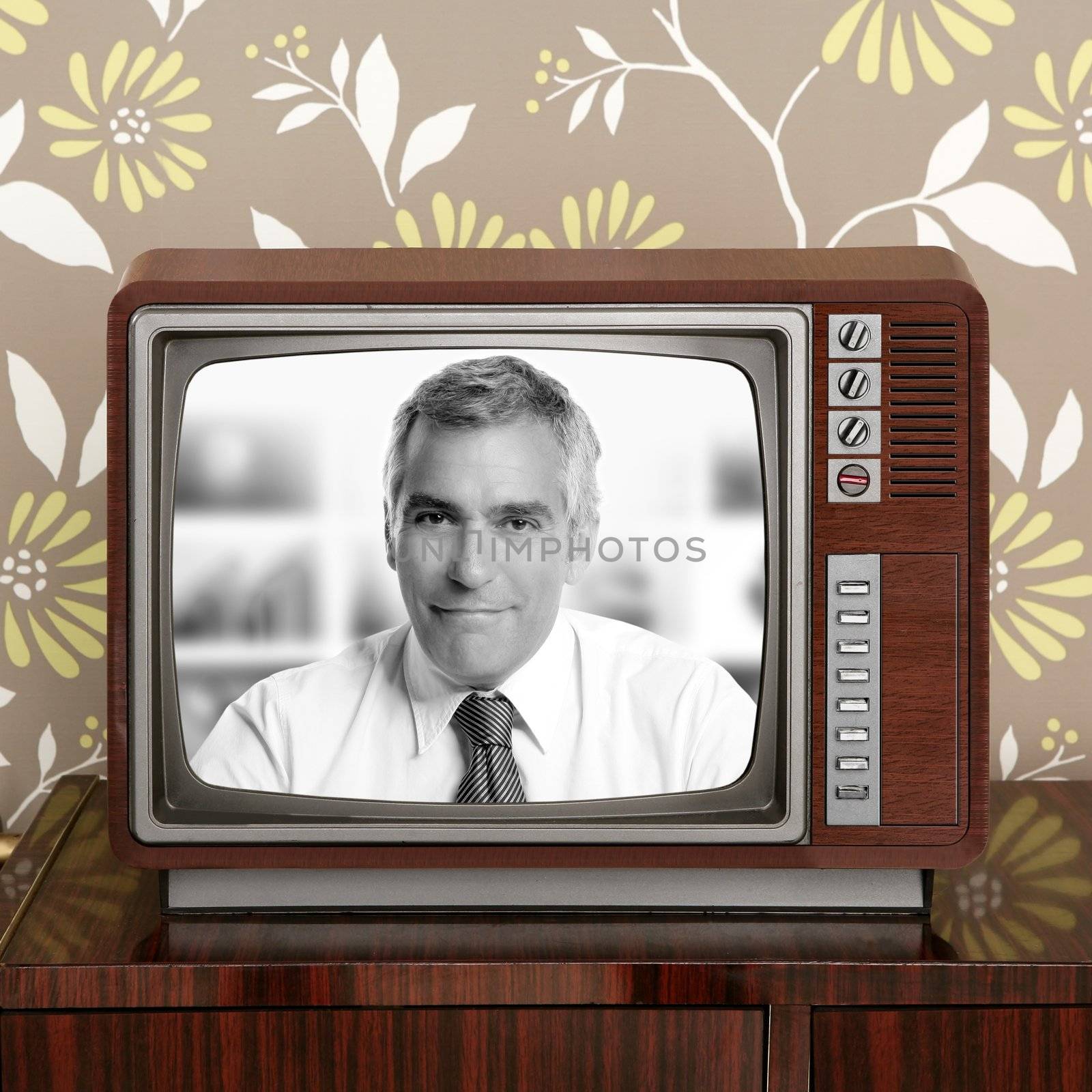 senoir tv presenter in retro wood television by lunamarina