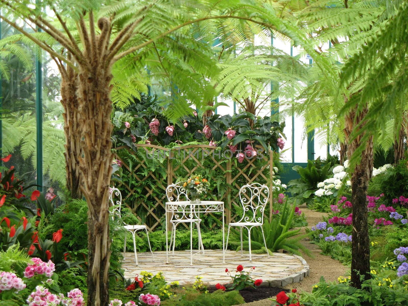 pergola and chair are in a huge garden