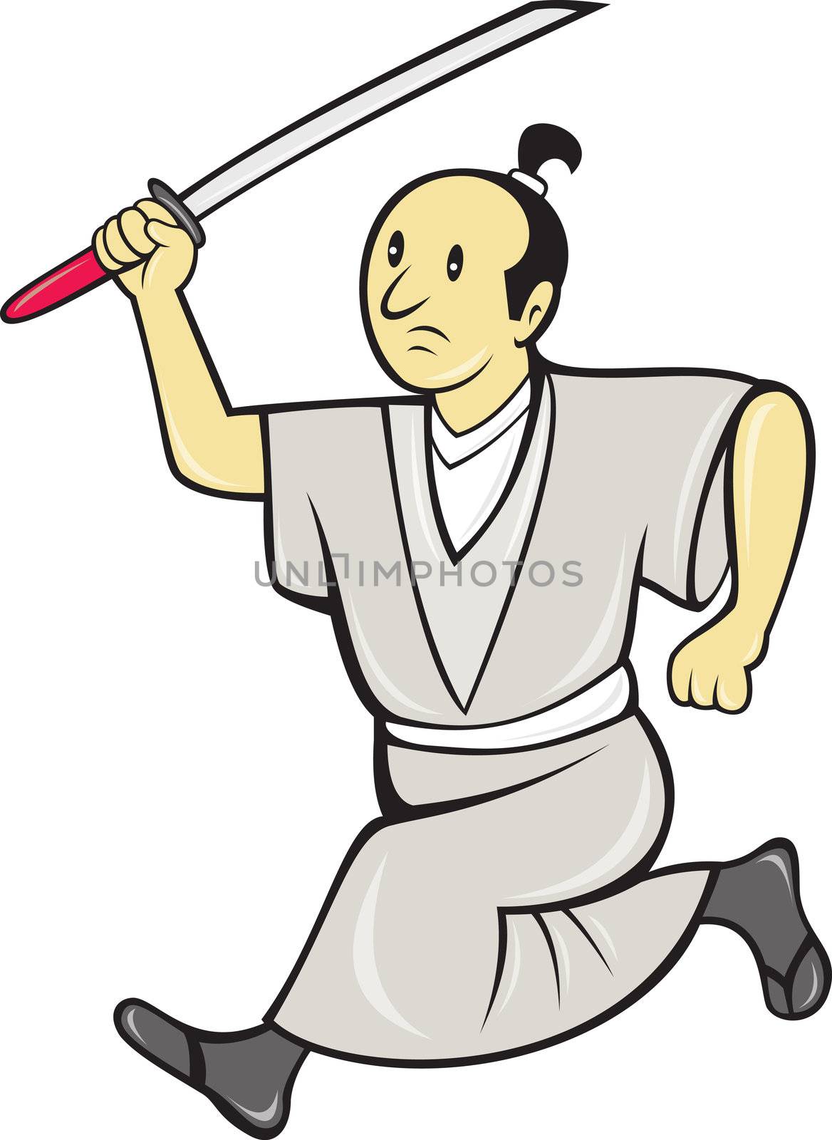 illustration of a Japanese samurai warrior with sword done in cartoon style on isolated white background.
