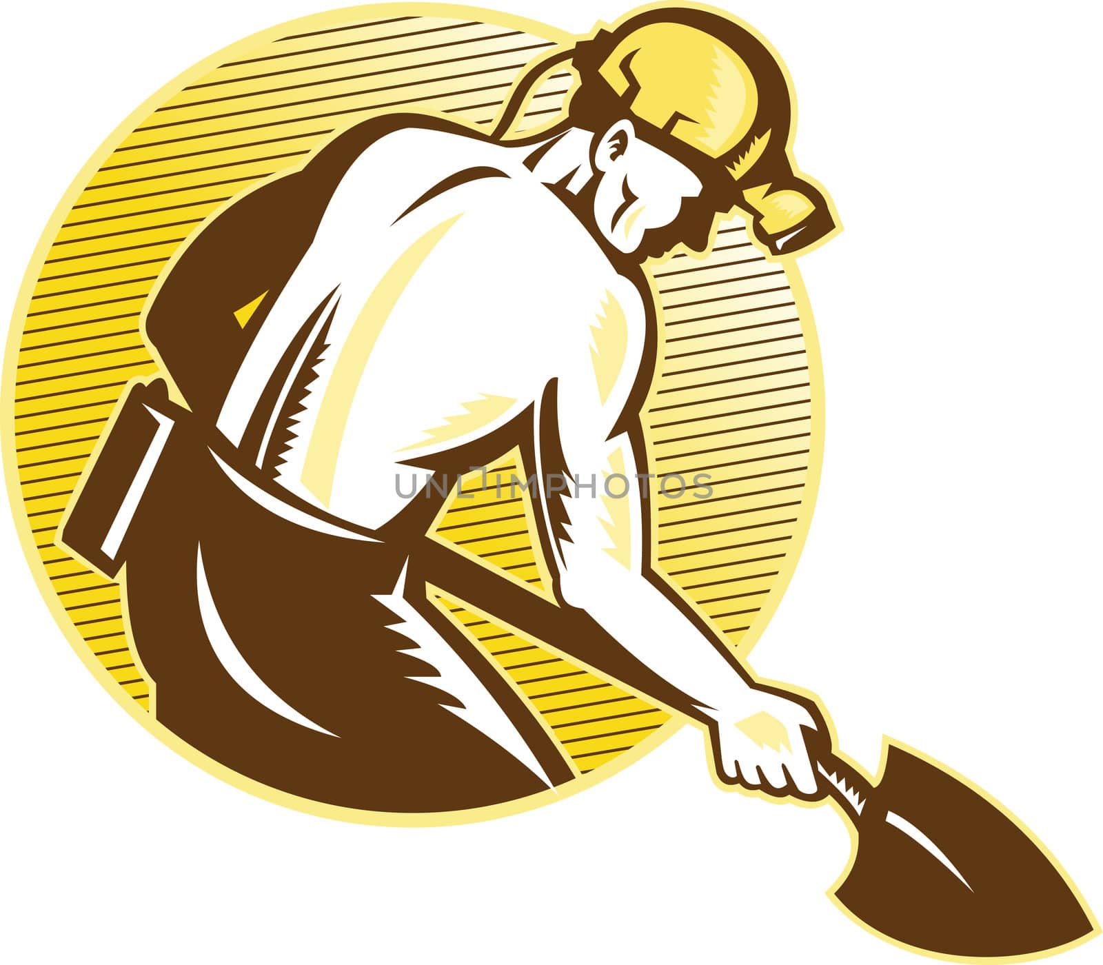 illustration of a coal miner working with shovel viewed from the side set inside circle on isolated white background done in retro woodcut style.

