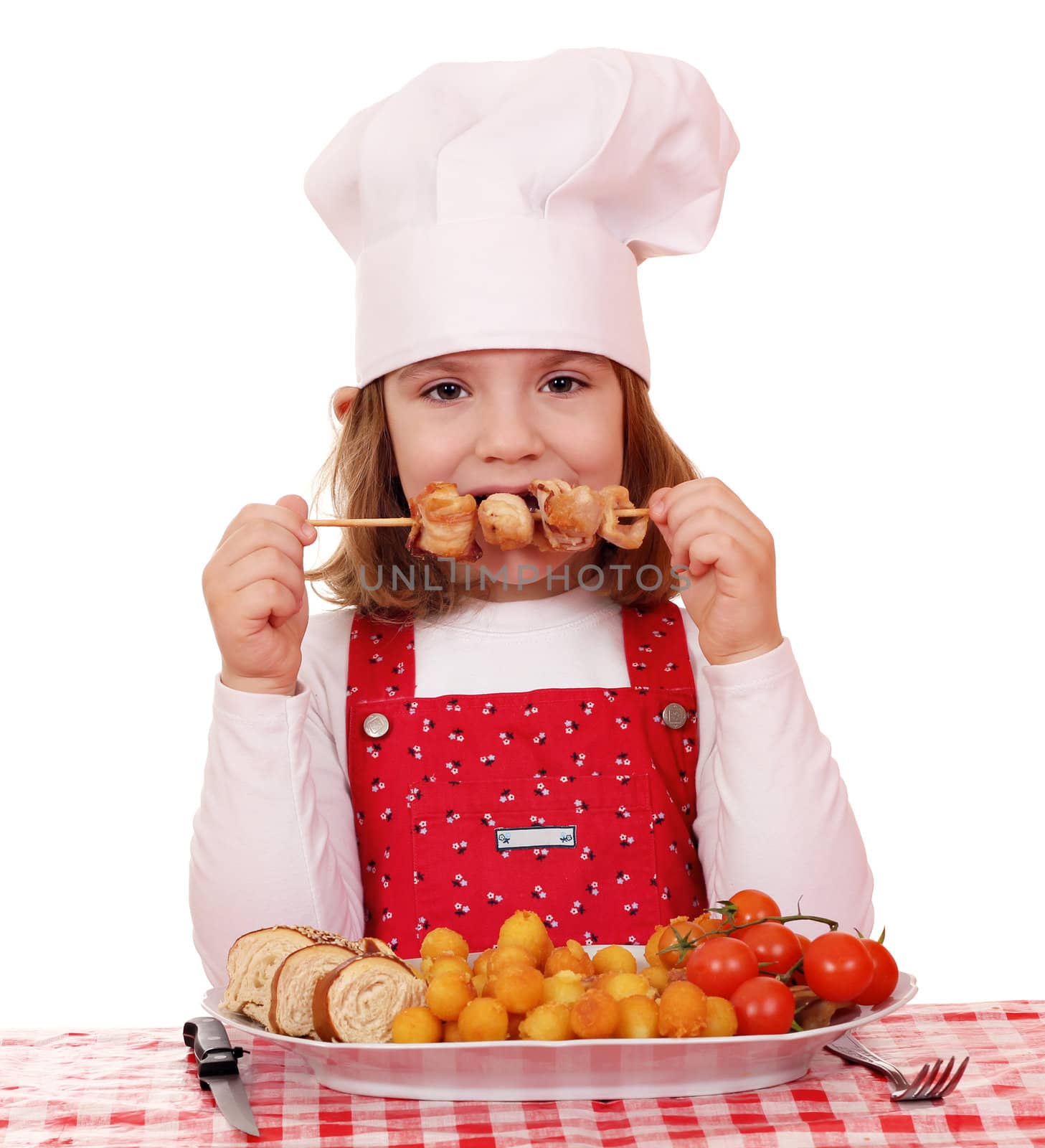 beautiful little girl cook eat grilled chicken meat by goce