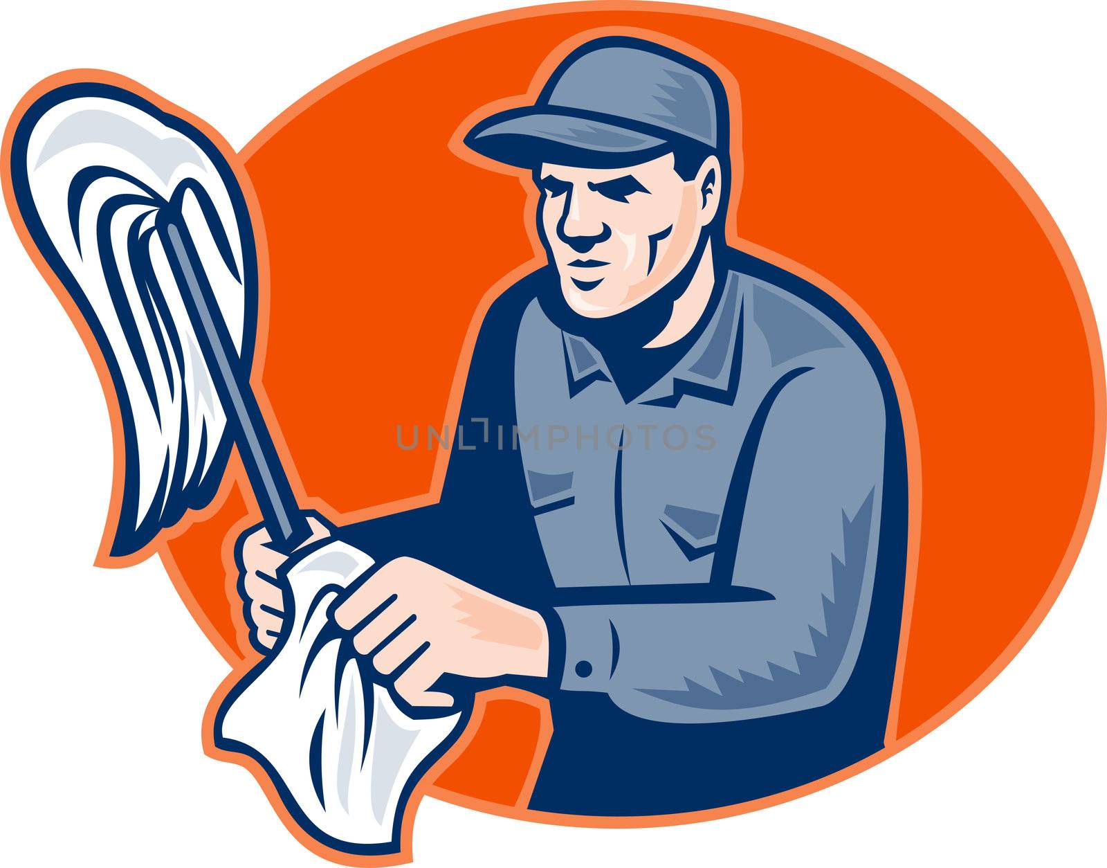 illustration of a cleaner janitor holding a cleaning mop and wipe set inside ellipse done in retro woodcut style.
