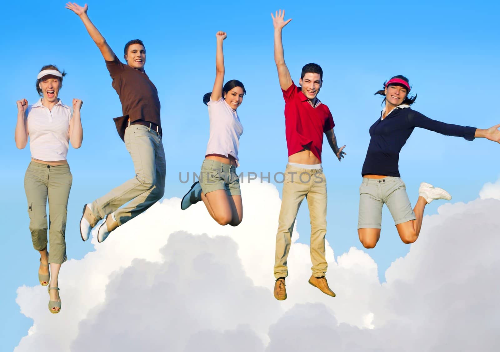 Jumping young people happy group flying in sky by lunamarina