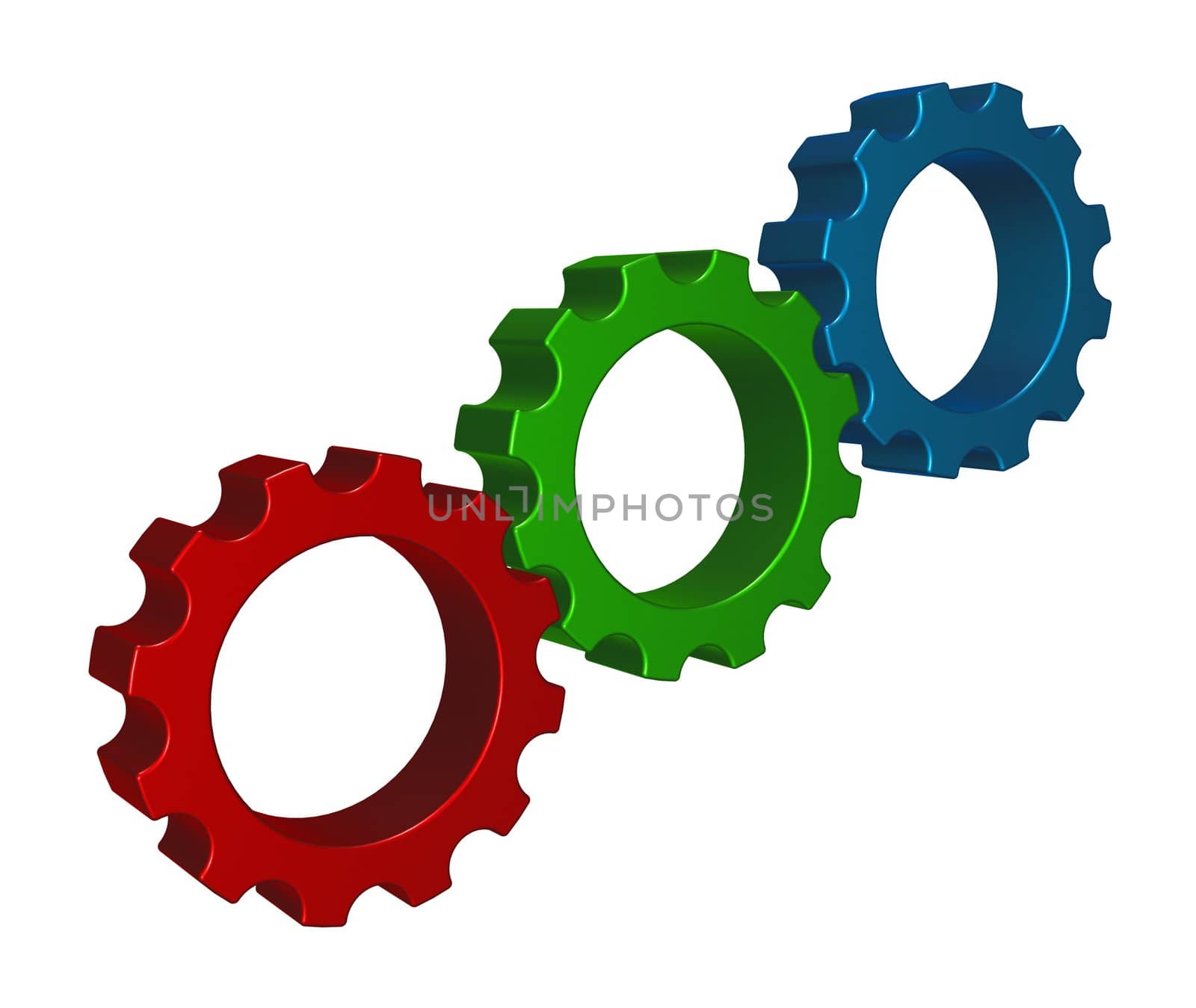 gear wheels in rgb colors on white background - 3d illustration