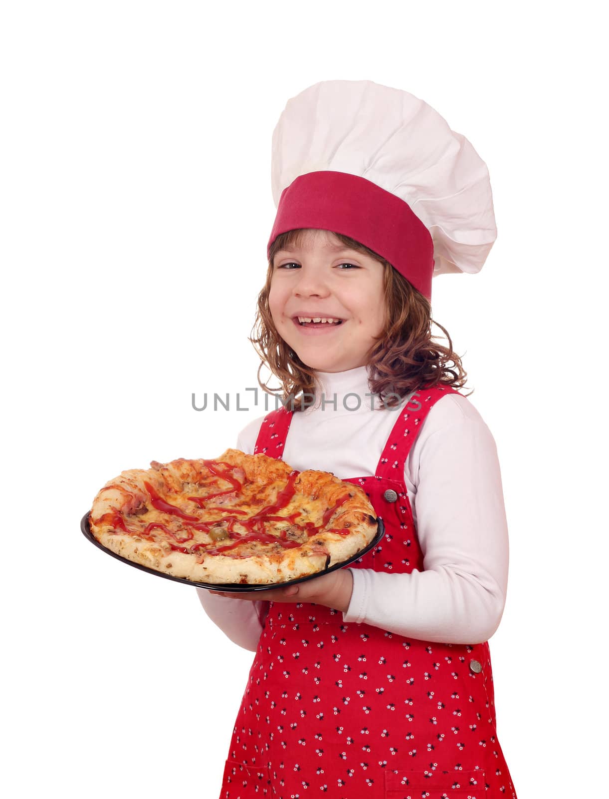 happy little girl cook with pizza on white