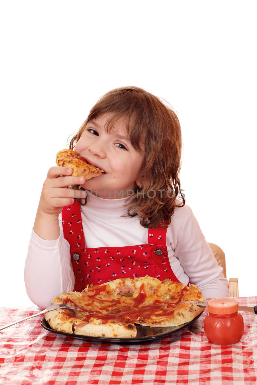 hungry little girl eat pizza