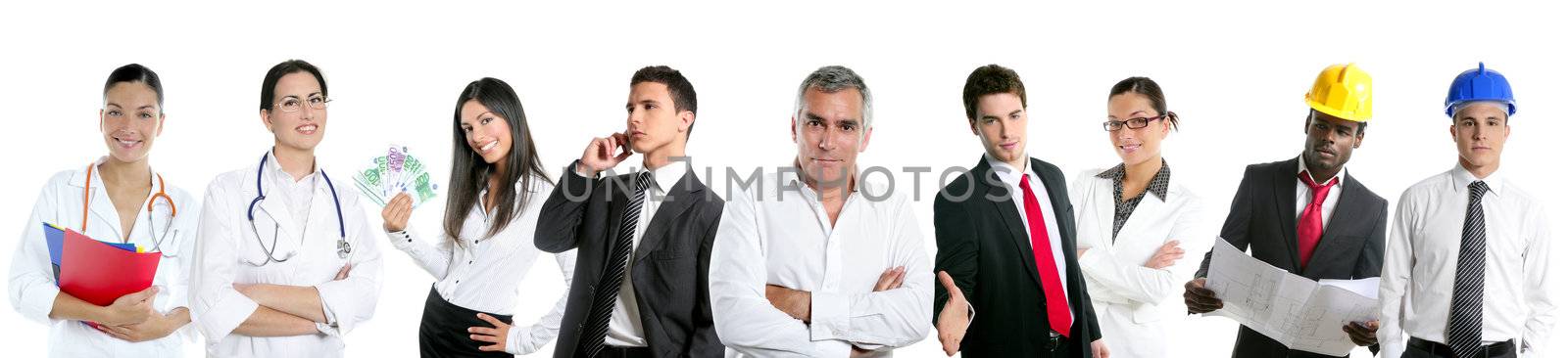 Group of business people in a line row isolated on white background