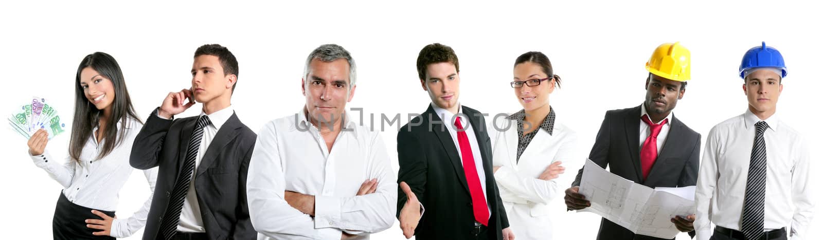 Group of business people in a line row isolated on white background