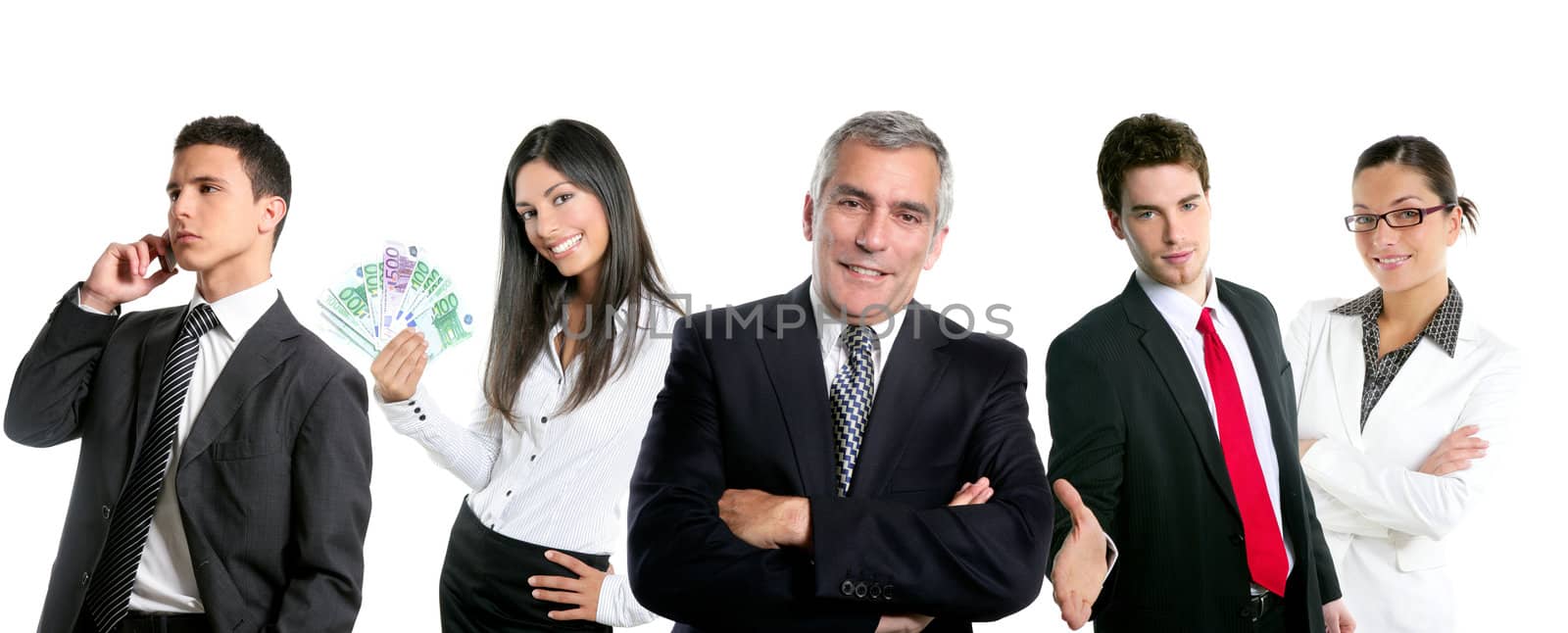 Group of business people in a line row isolated on white background