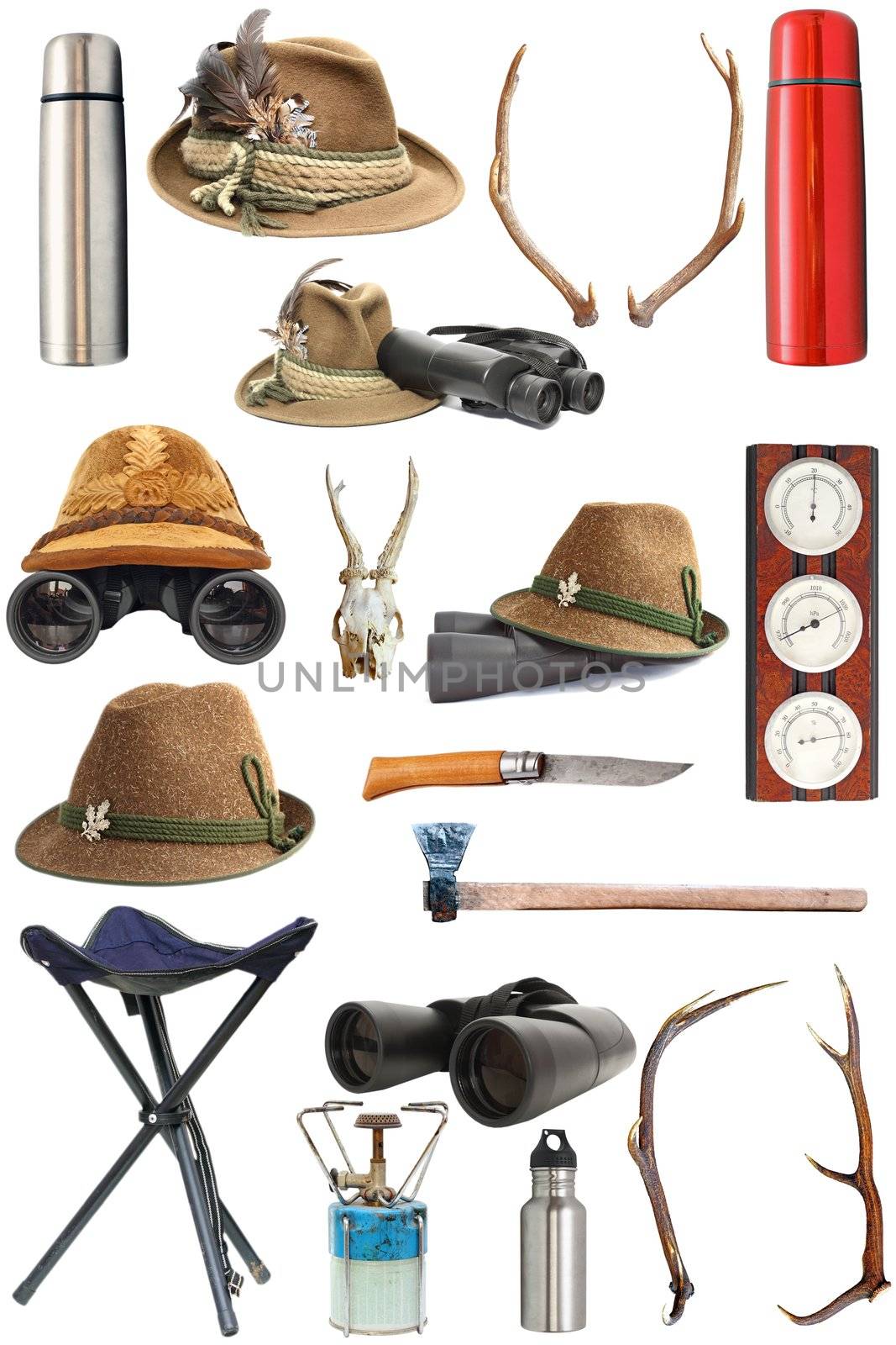 large collection of hunting and outdoor traditional equipment over white background