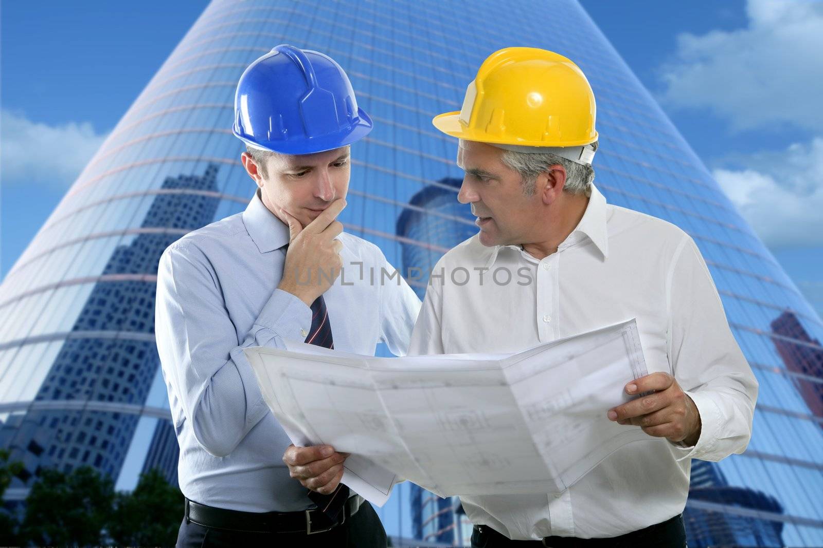 architect engineer two expertise team plan talking hardhat skyscraper buildings