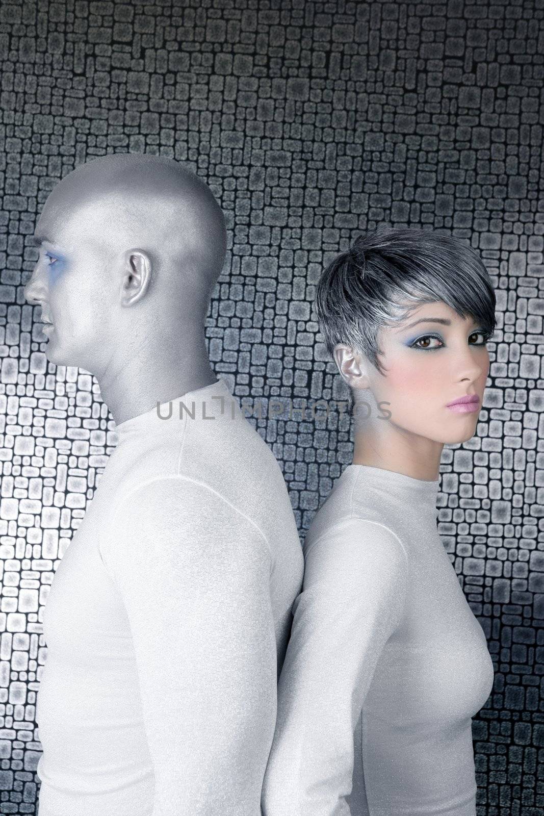 alien silver future couple silver man fashion woman futuristic metaphor