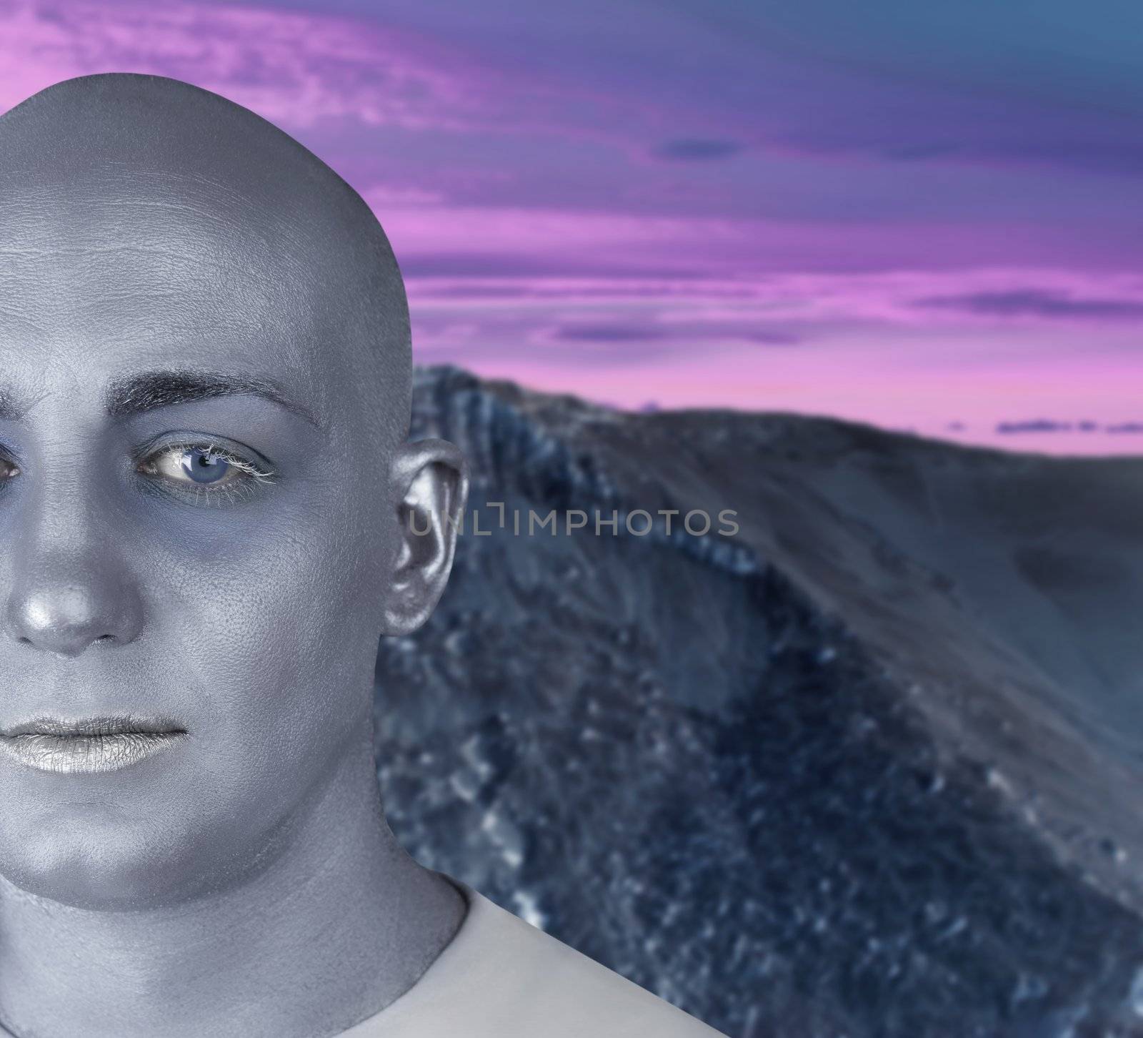 alien man futuristic silver skin extraterrestrial space by lunamarina