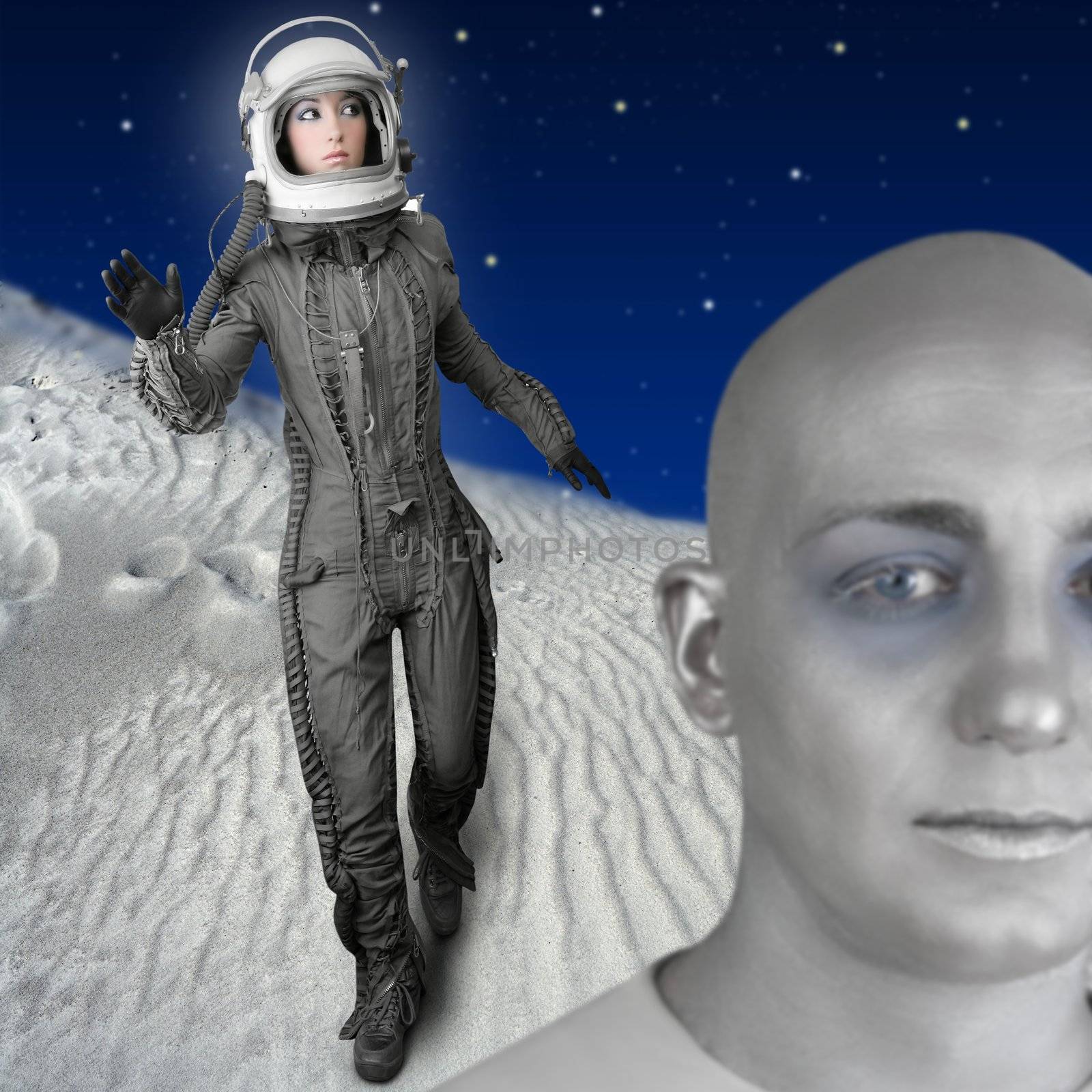astronaut fashion woman full length space suit helmet alien planet metaphor