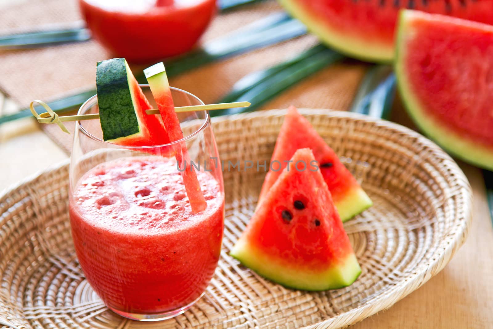 Watermelon juice with some pieces of watermelon